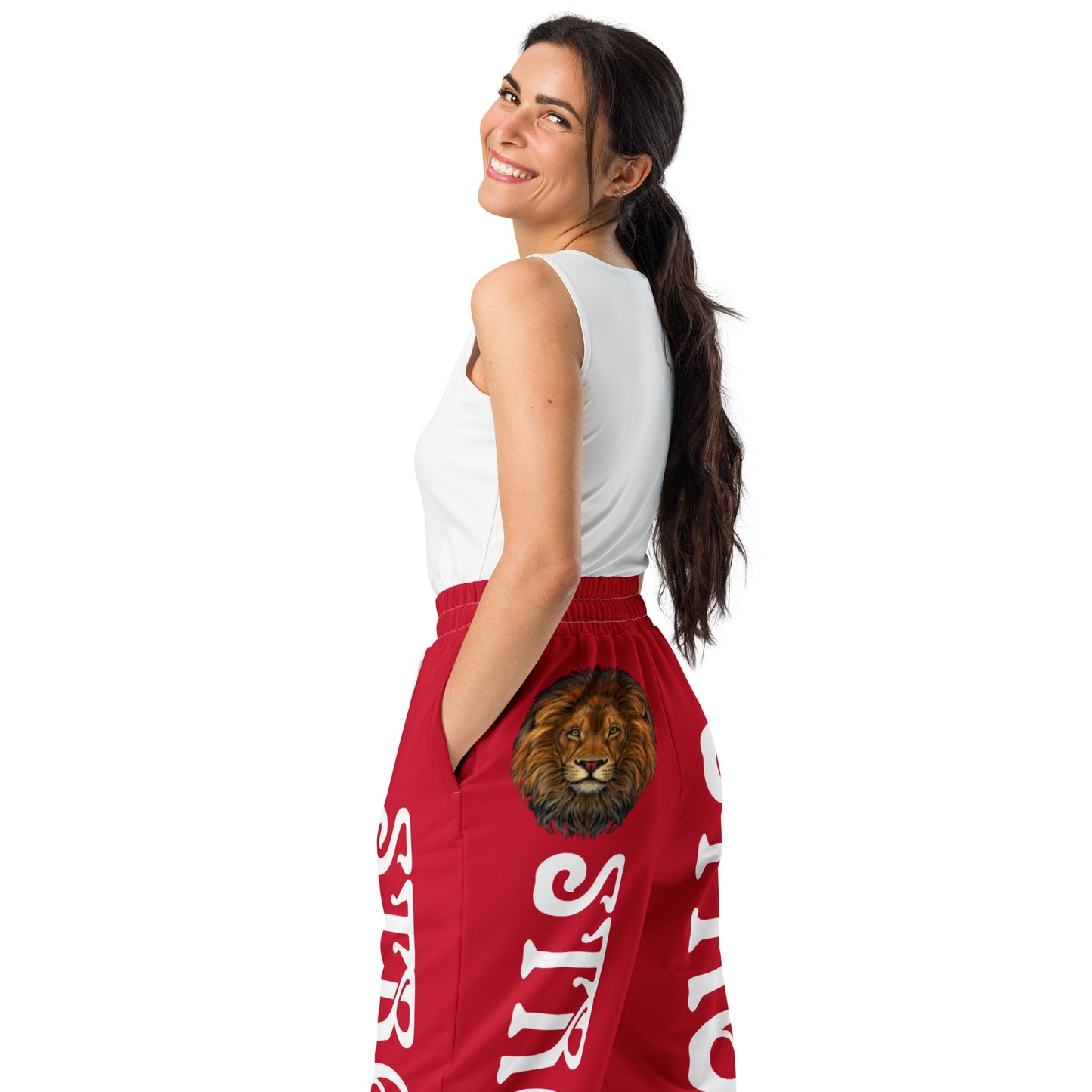 “STRONG!” Red Wide-Leg Joggers W/White Font