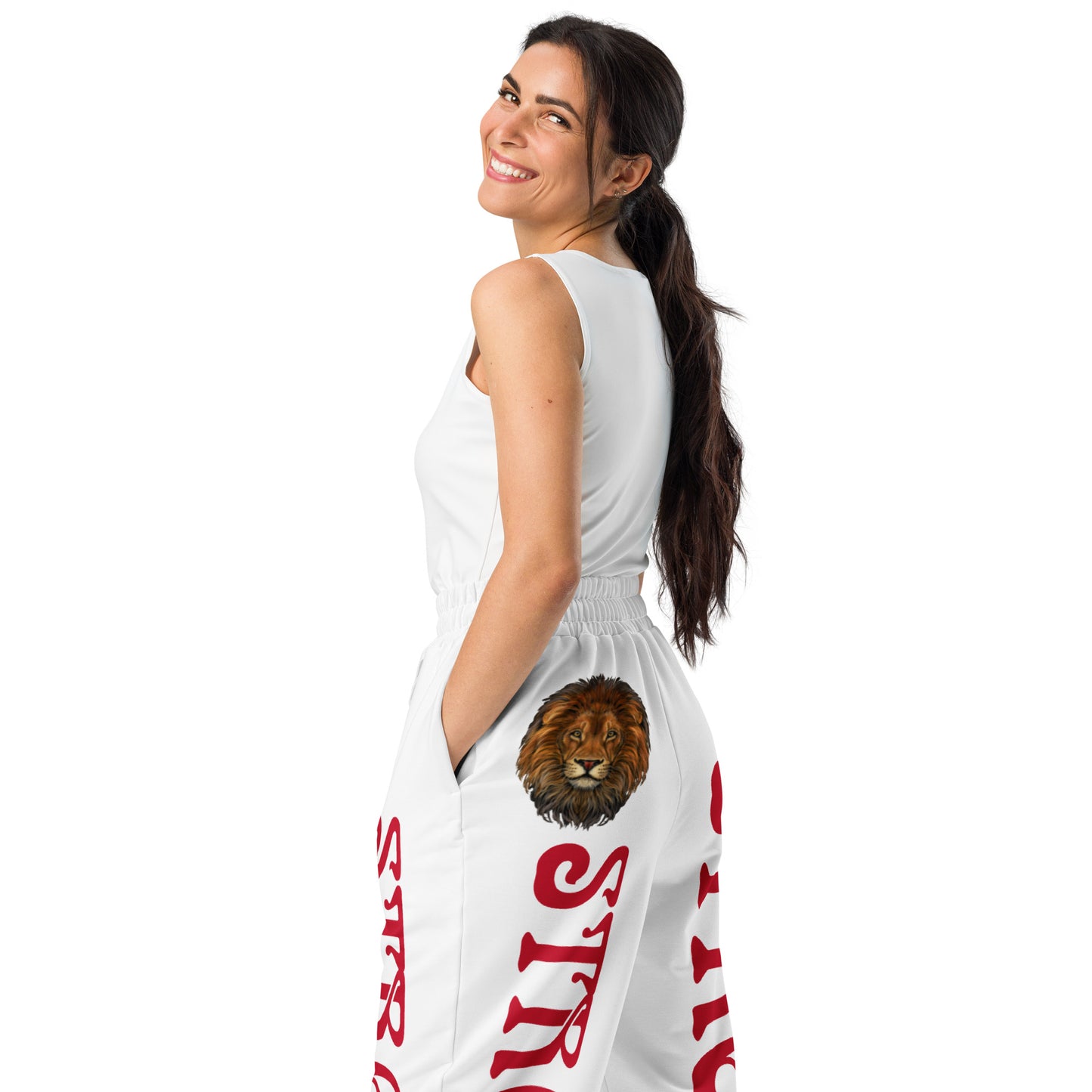 “STRONG!” White Wide-Leg Joggers W/Red Font