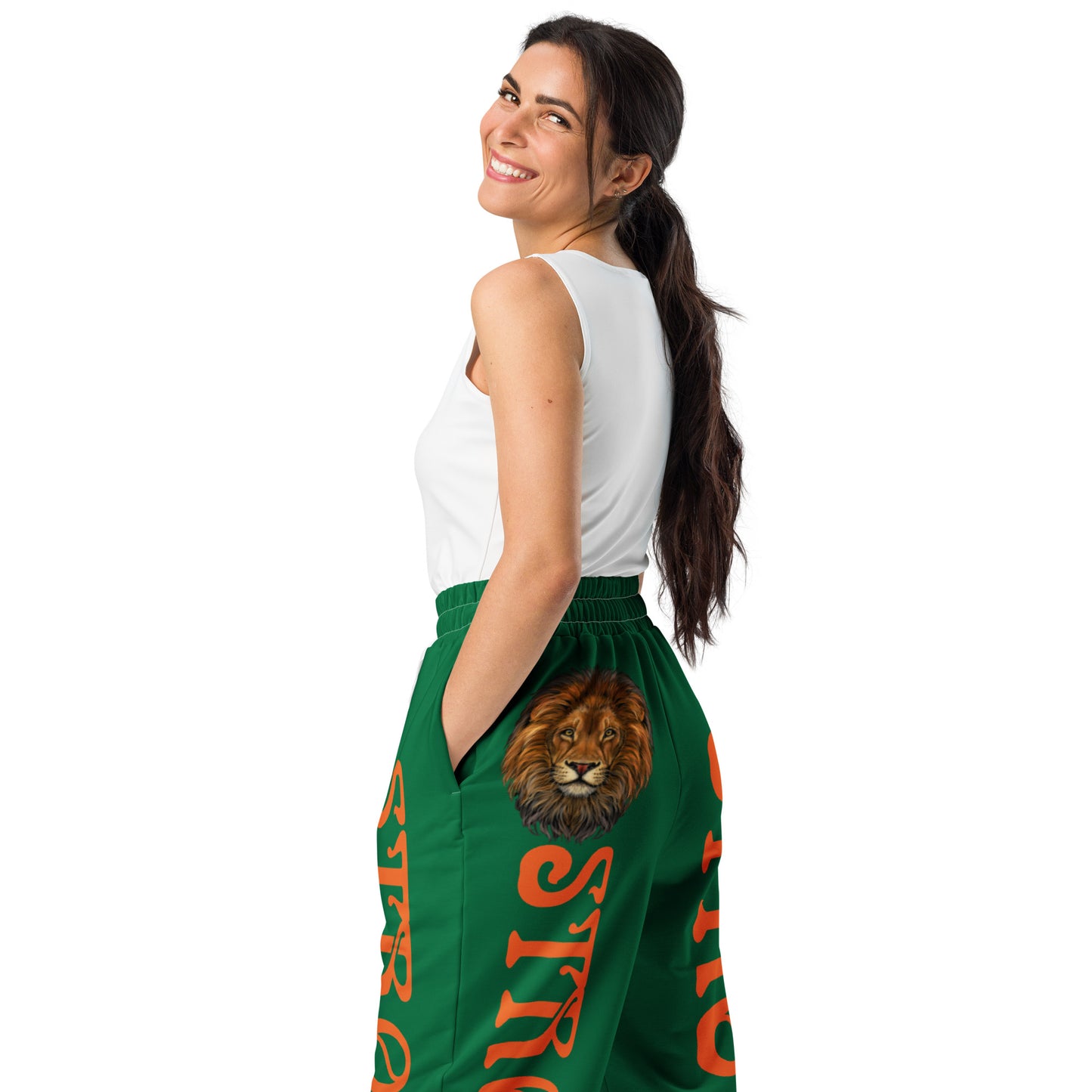 “STRONG!”Green Wide-Leg Joggers W/Orange Font