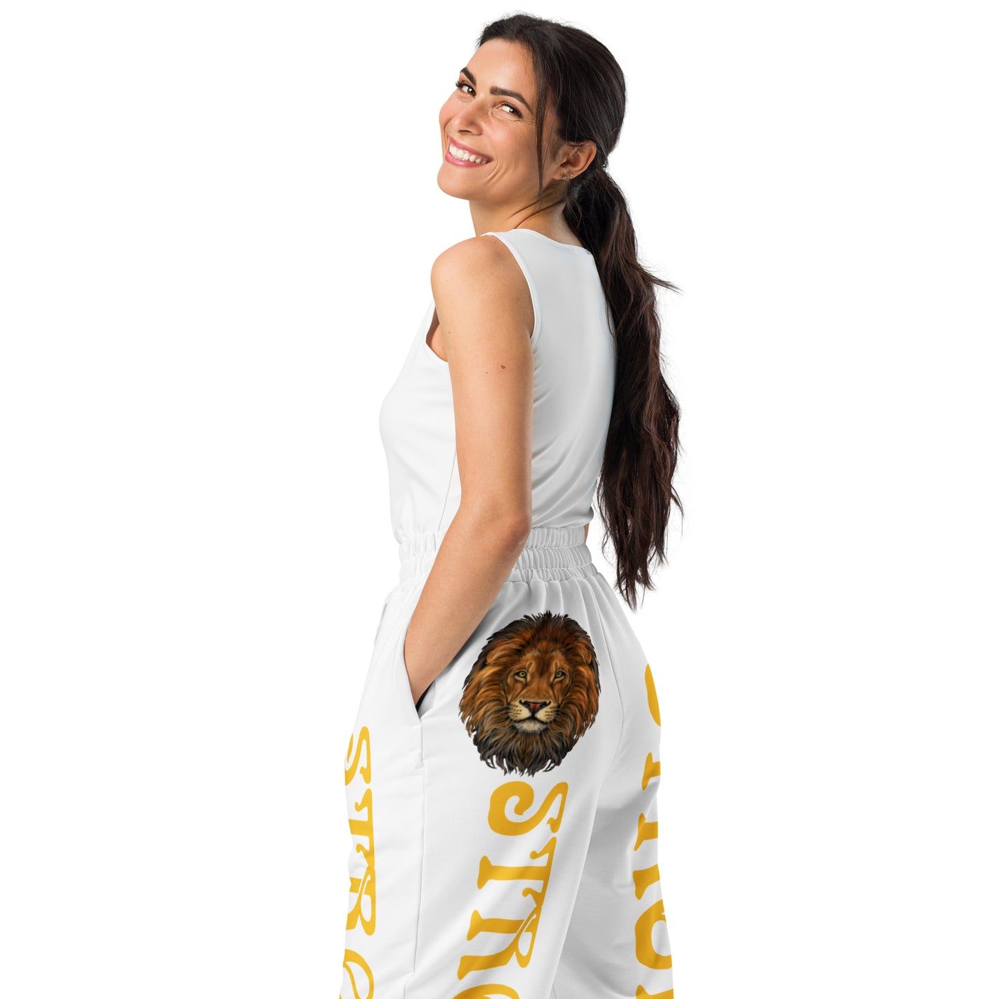 “STRONG!” White Wide-Leg Joggers W/Yellow Font