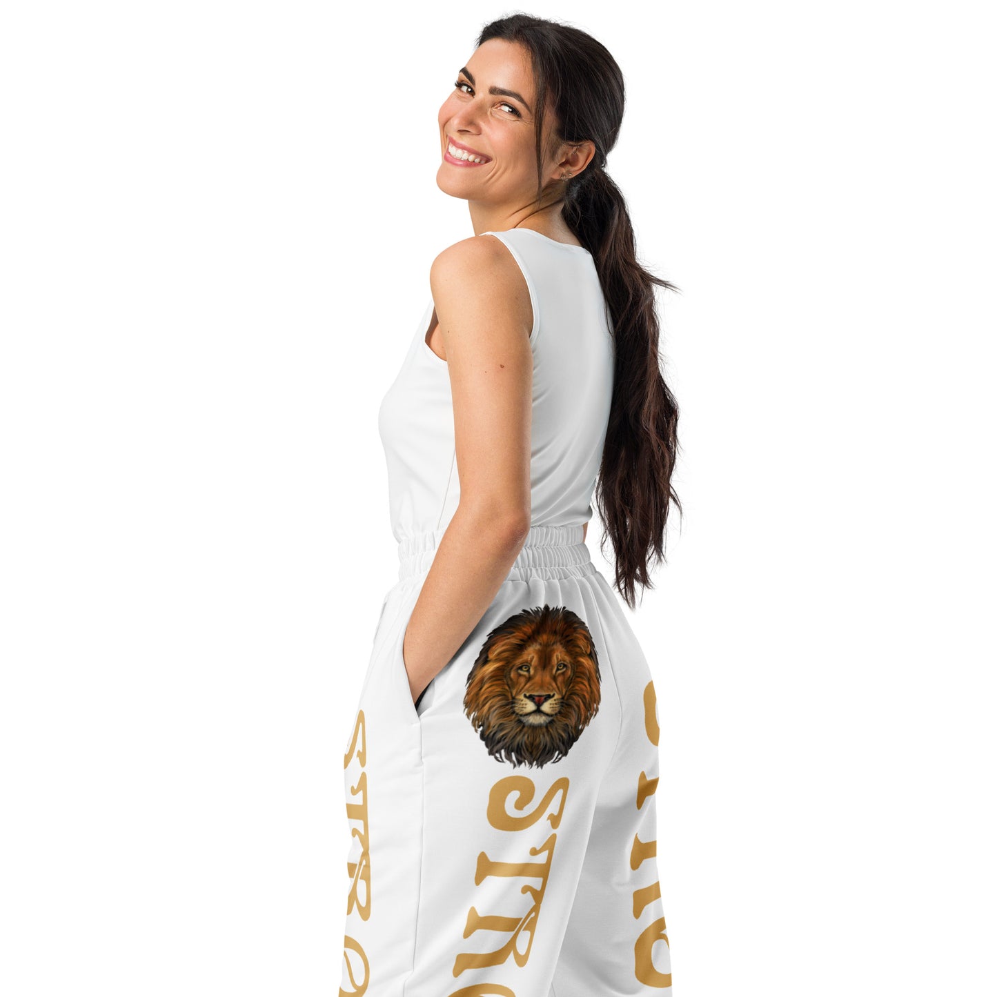 “STRONG!” White Wide-Leg Joggers W/Fawn Font
