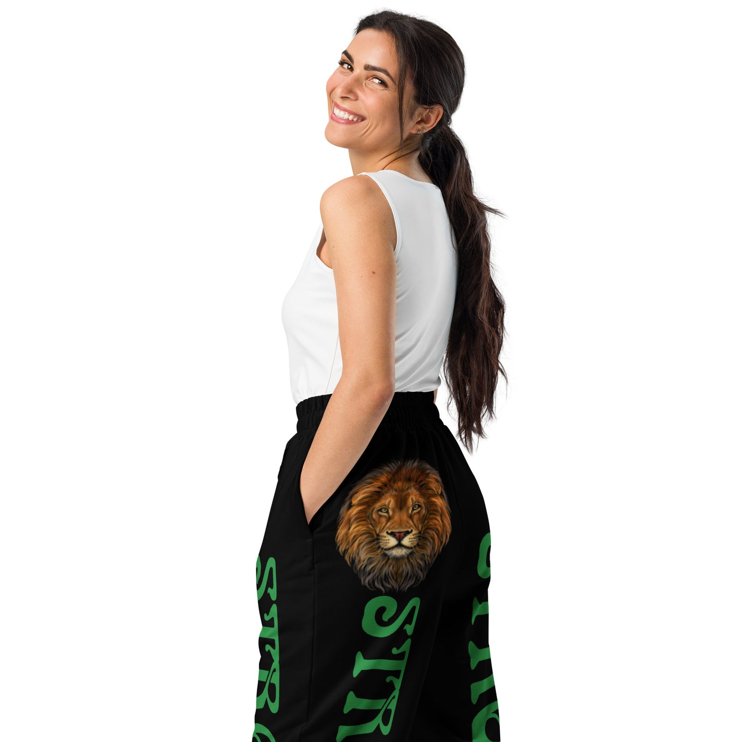 “STRONG!” Black Wide-Leg Joggers W/Green Font