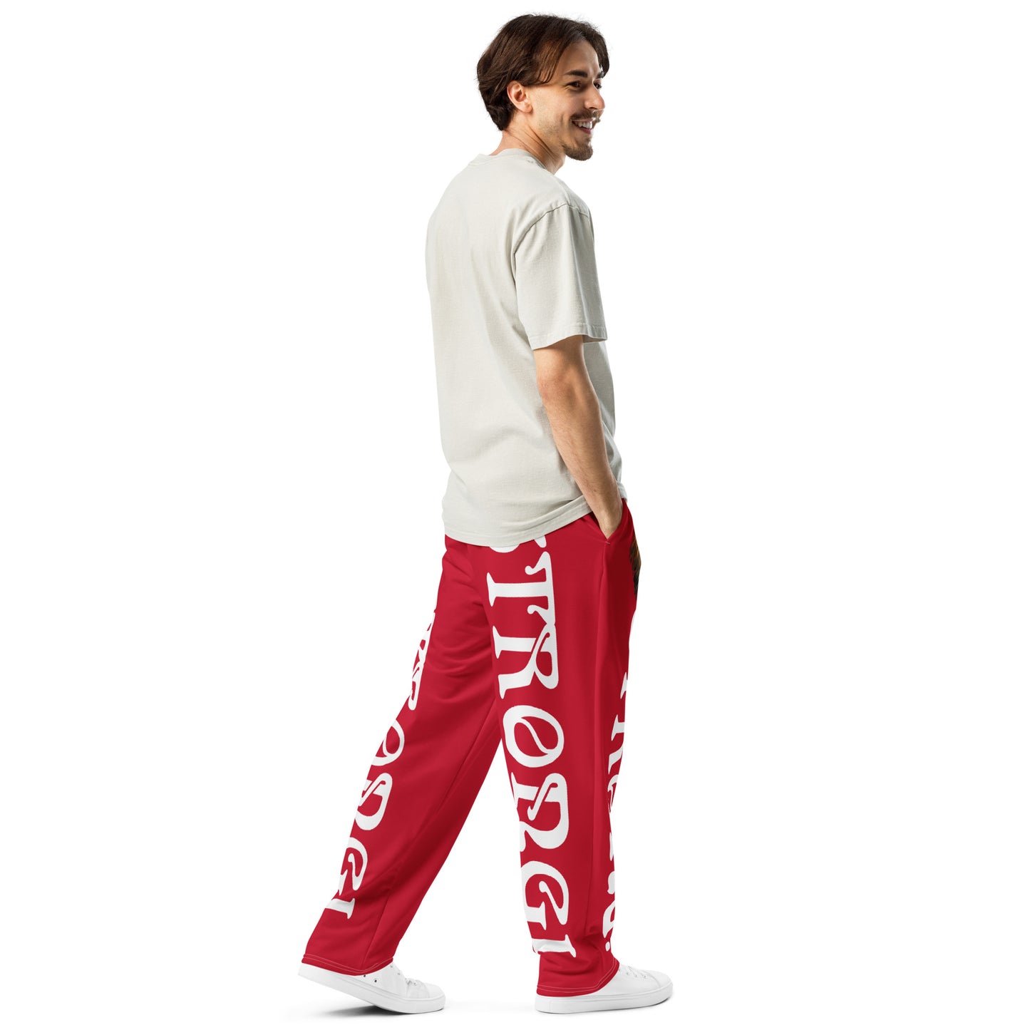 “STRONG!” Red Wide-Leg Joggers W/White Font