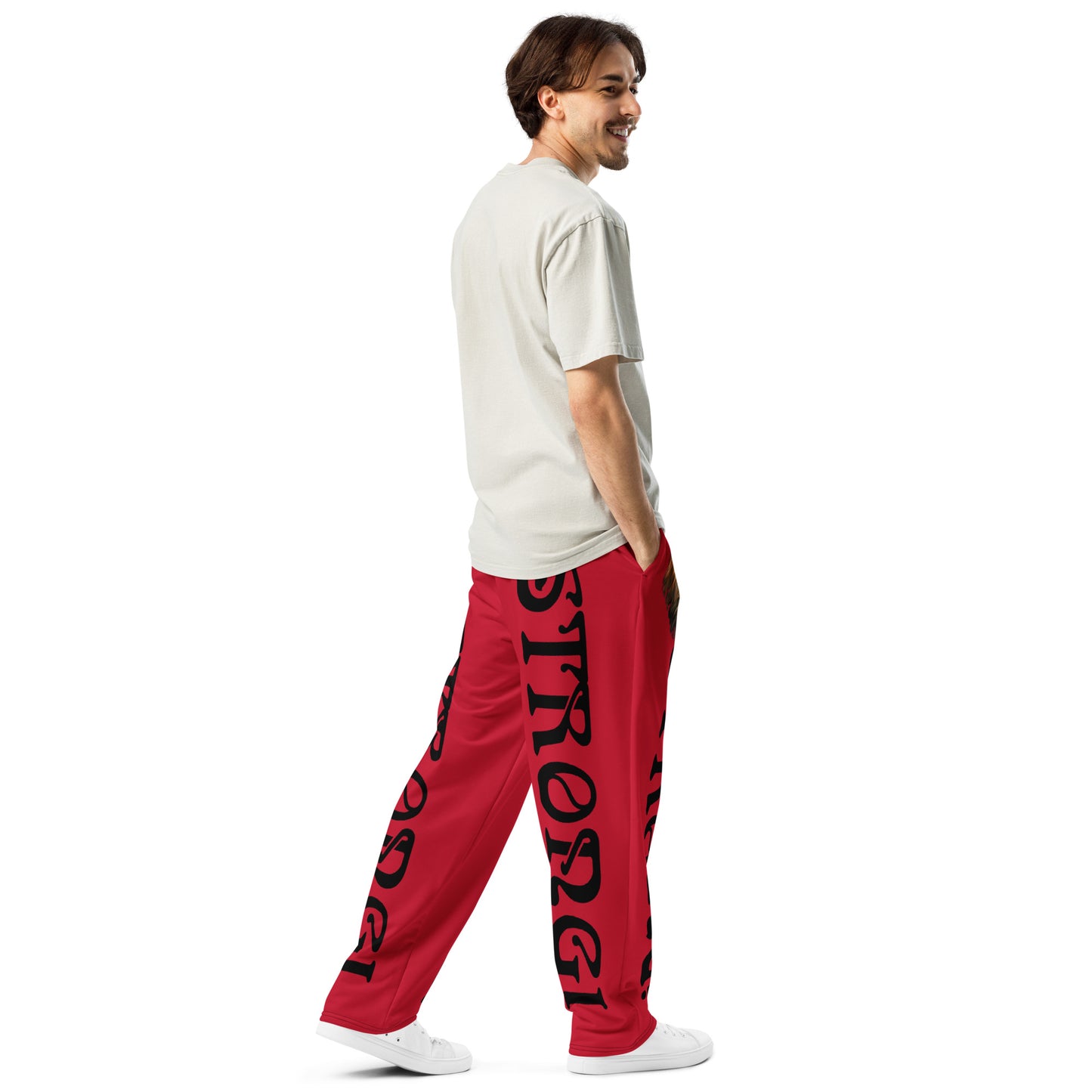 “STRONG!”Red Wide-Leg Joggers W/Black Font