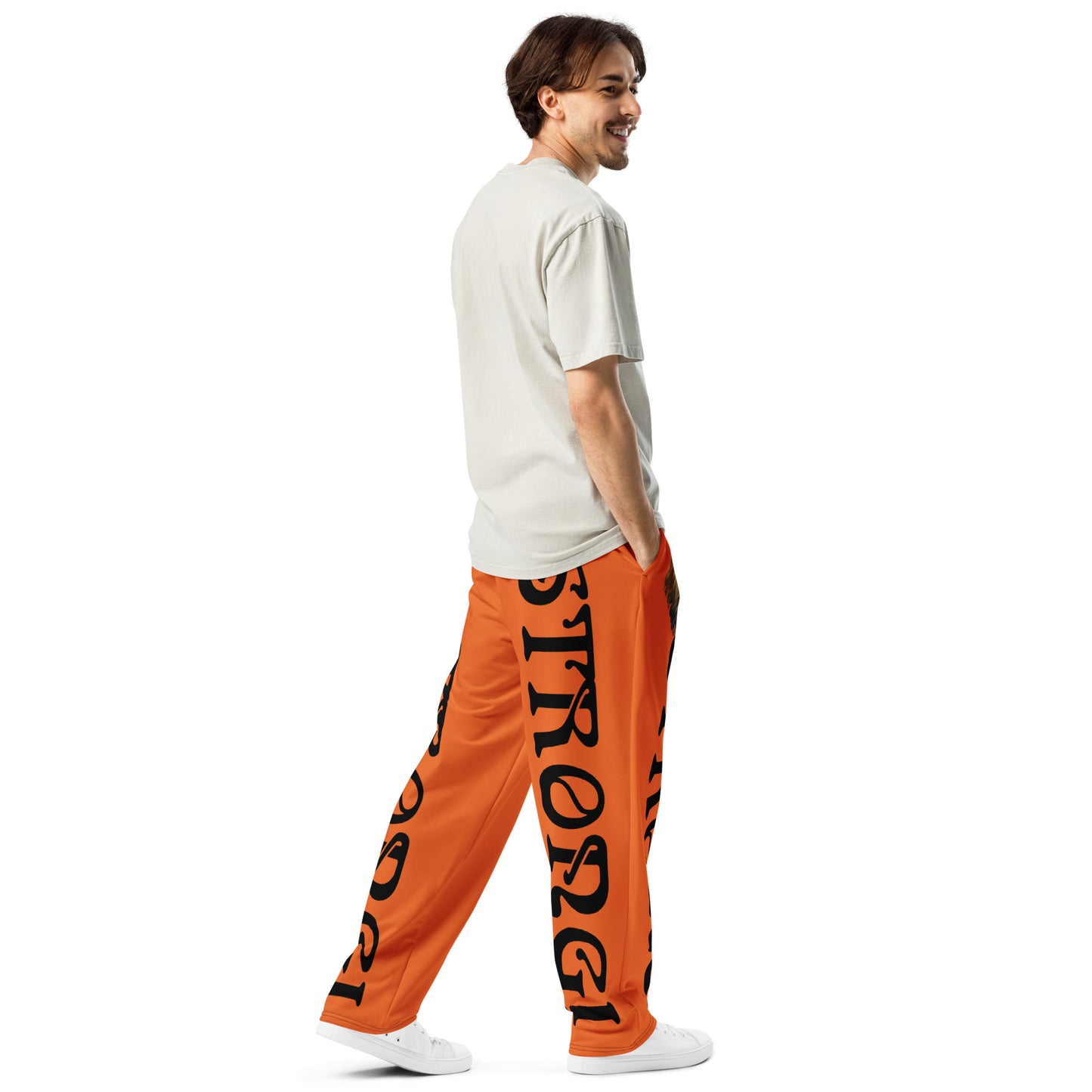 “STRONG!” Orange Wide-Leg Joggers W/Black Font