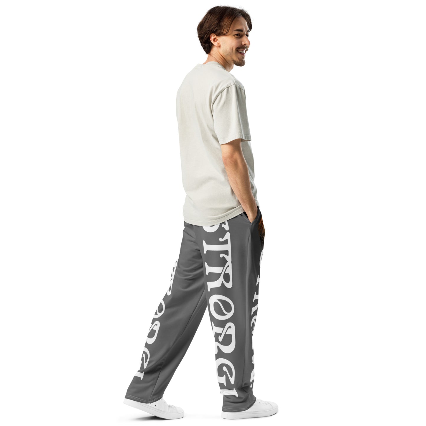 “STRONG”Grey Wide-Leg Joggers W/White Font