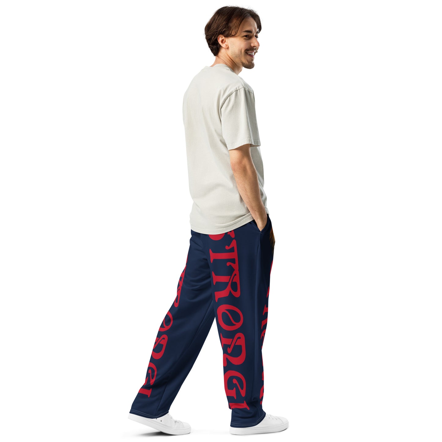 “STRONG!” Navy Wide-Leg Joggers W/Red Font