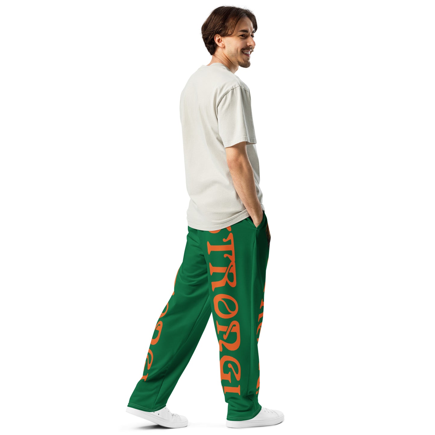 “STRONG!”Green Wide-Leg Joggers W/Orange Font