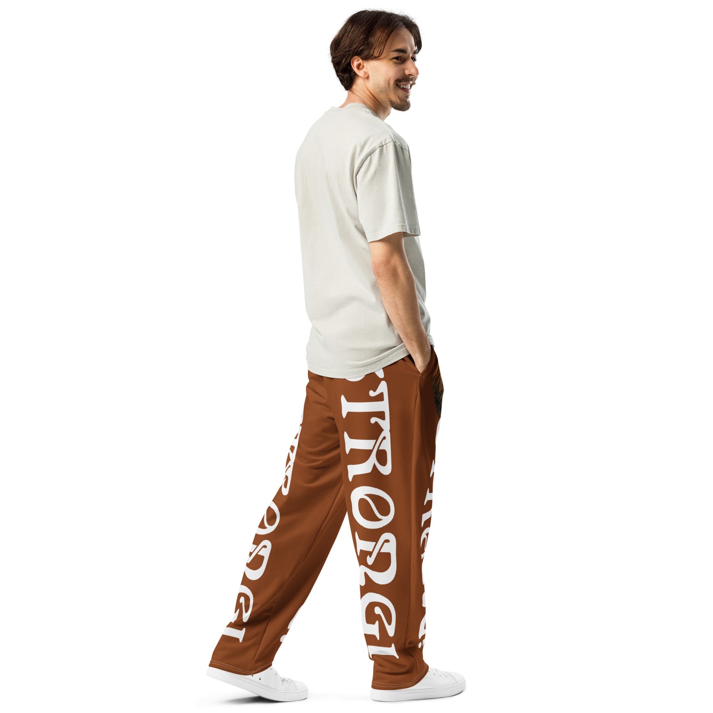 “STRONG!” Brown Wide-Leg Joggers W/White Font