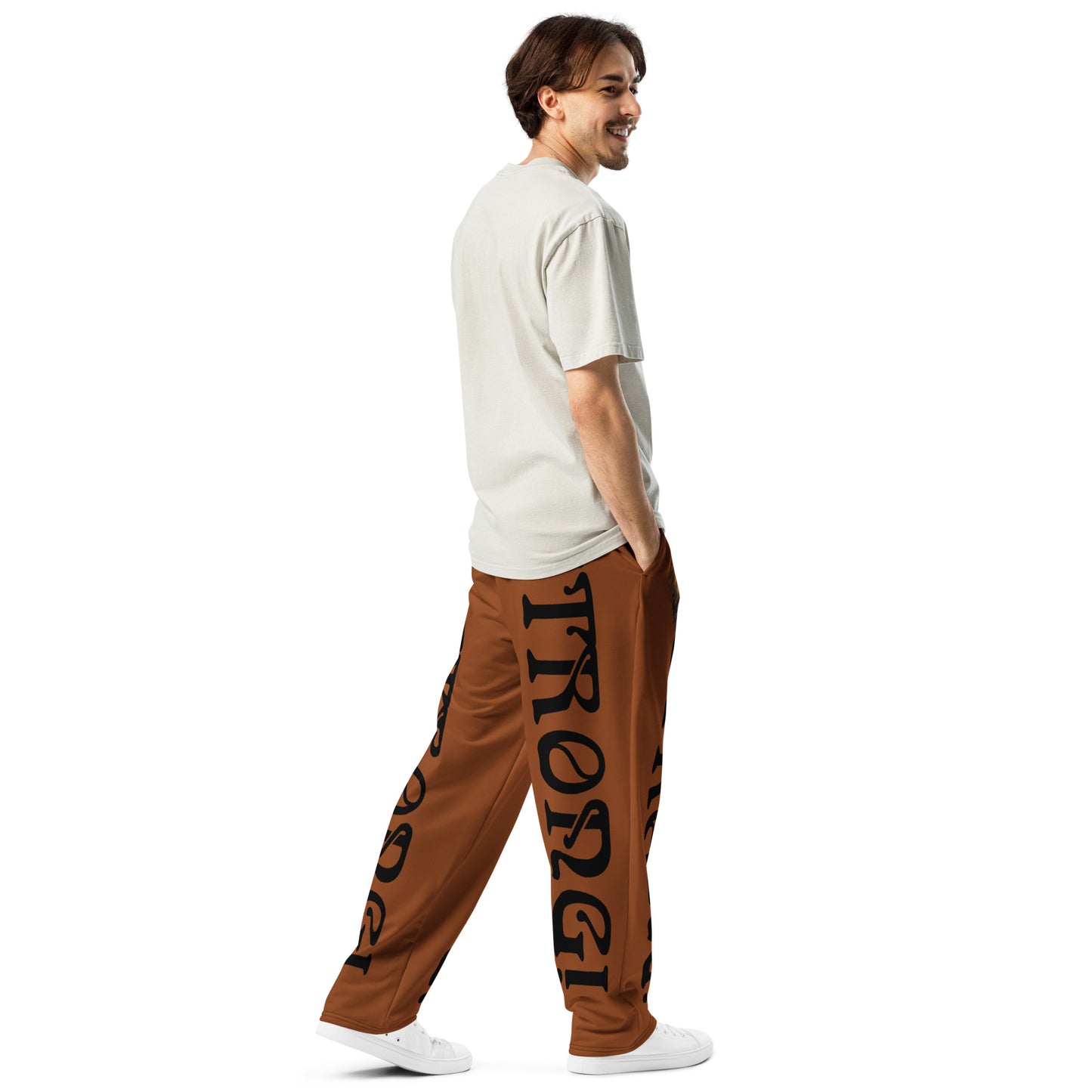 “STRONG!” Brown Wide-Leg Joggers W/Black Font
