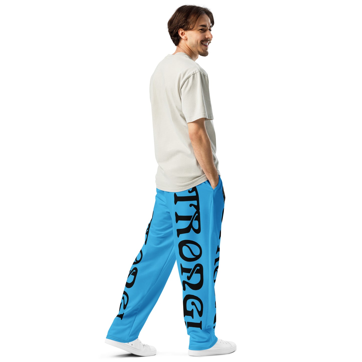 “STRONG!”SkyBlue Wide-Leg Joggers W/Black Font