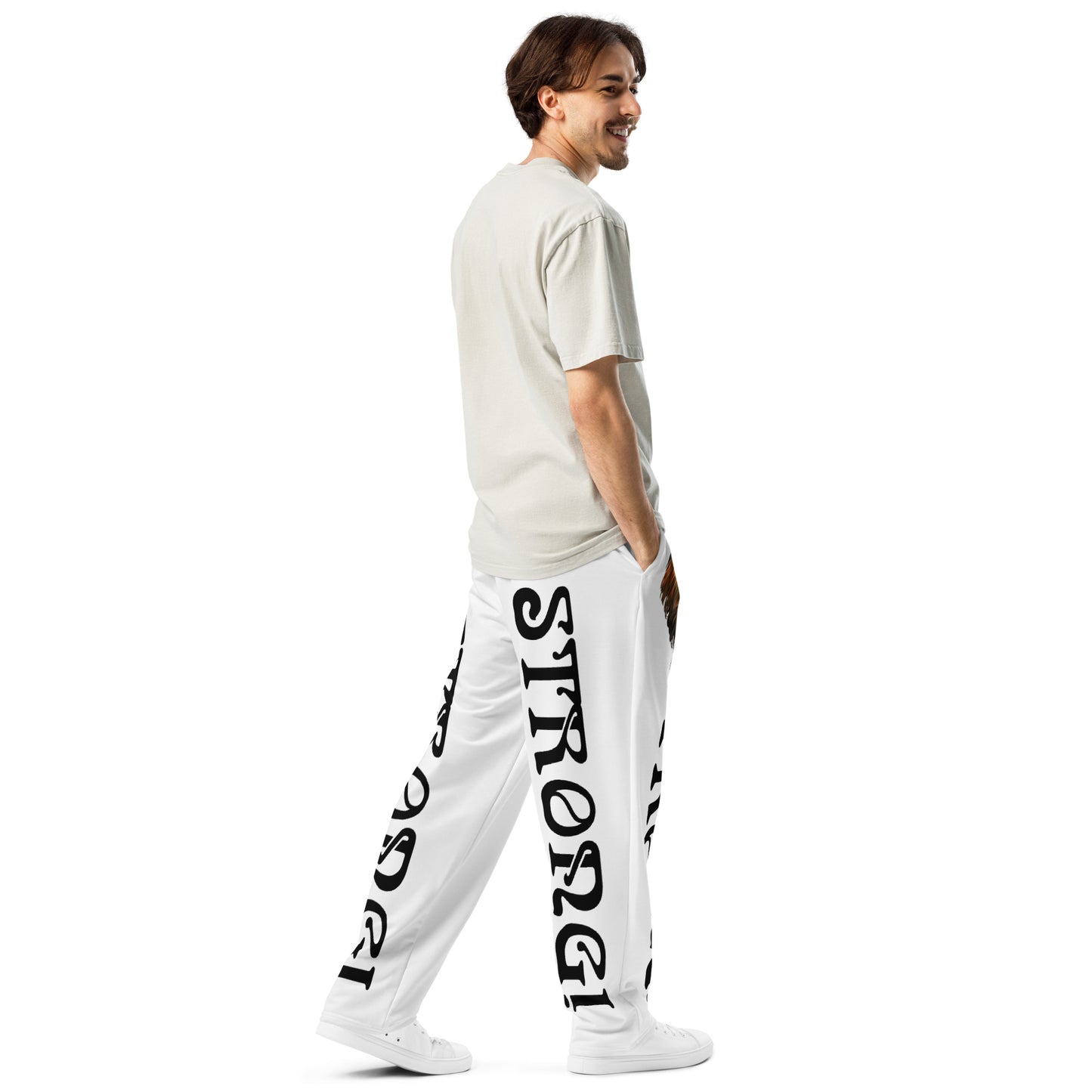 “STRONG!” White Wide-Leg Joggers W/Black Font