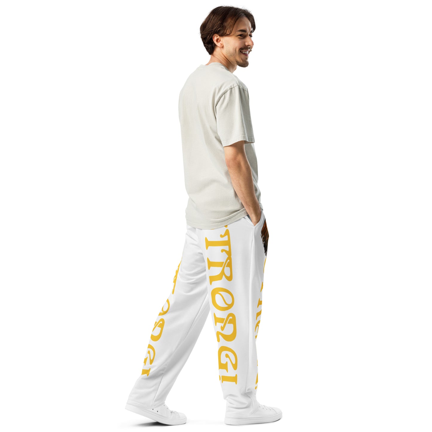 “STRONG!” White Wide-Leg Joggers W/Yellow Font