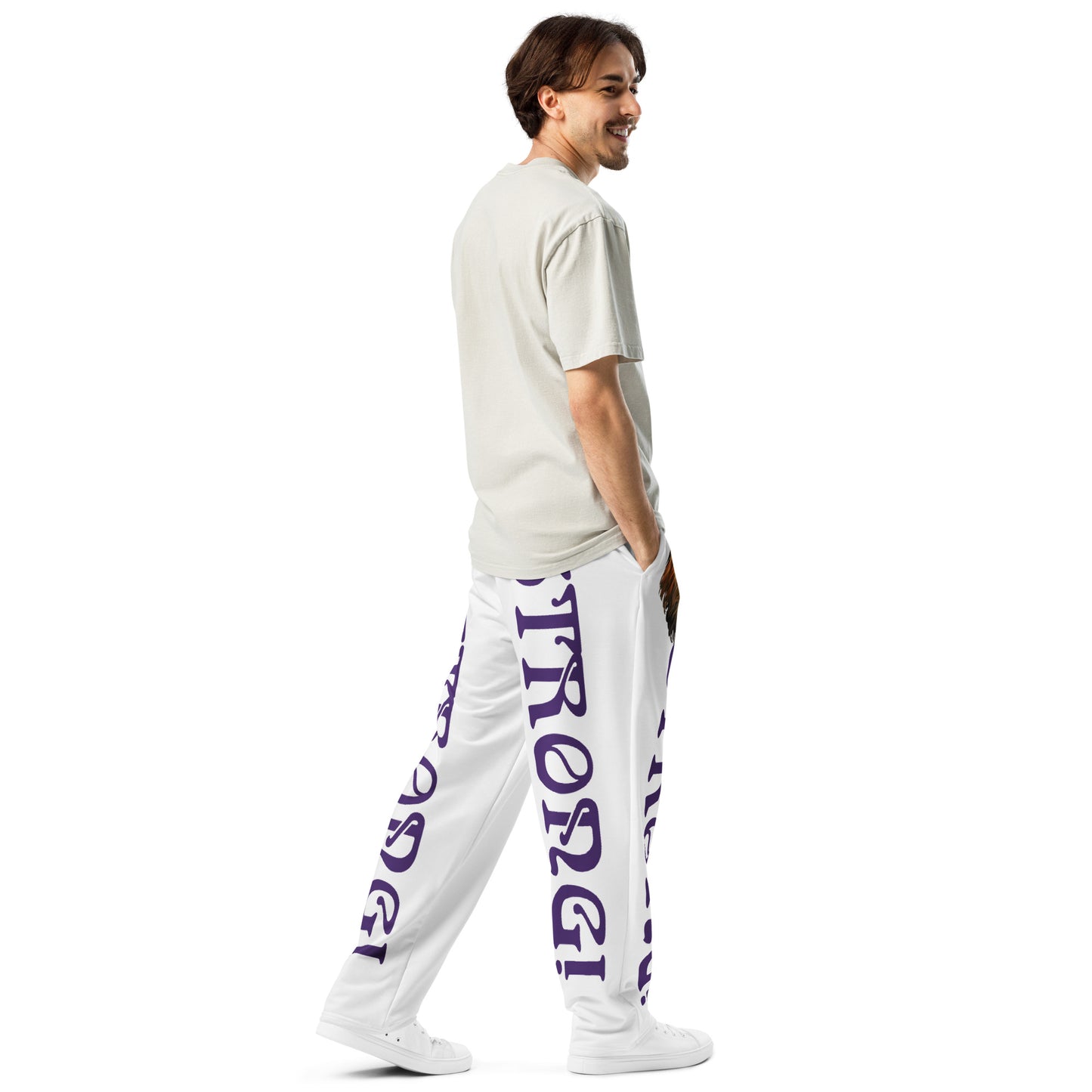 “STRONG!” White Wide-Leg Joggers W/Purple Font