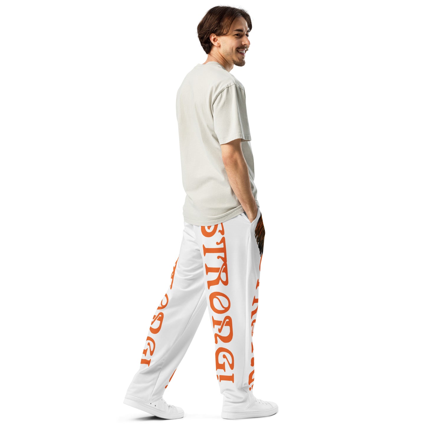 “STRONG!” White Wide-Leg Joggers W/Orange Font