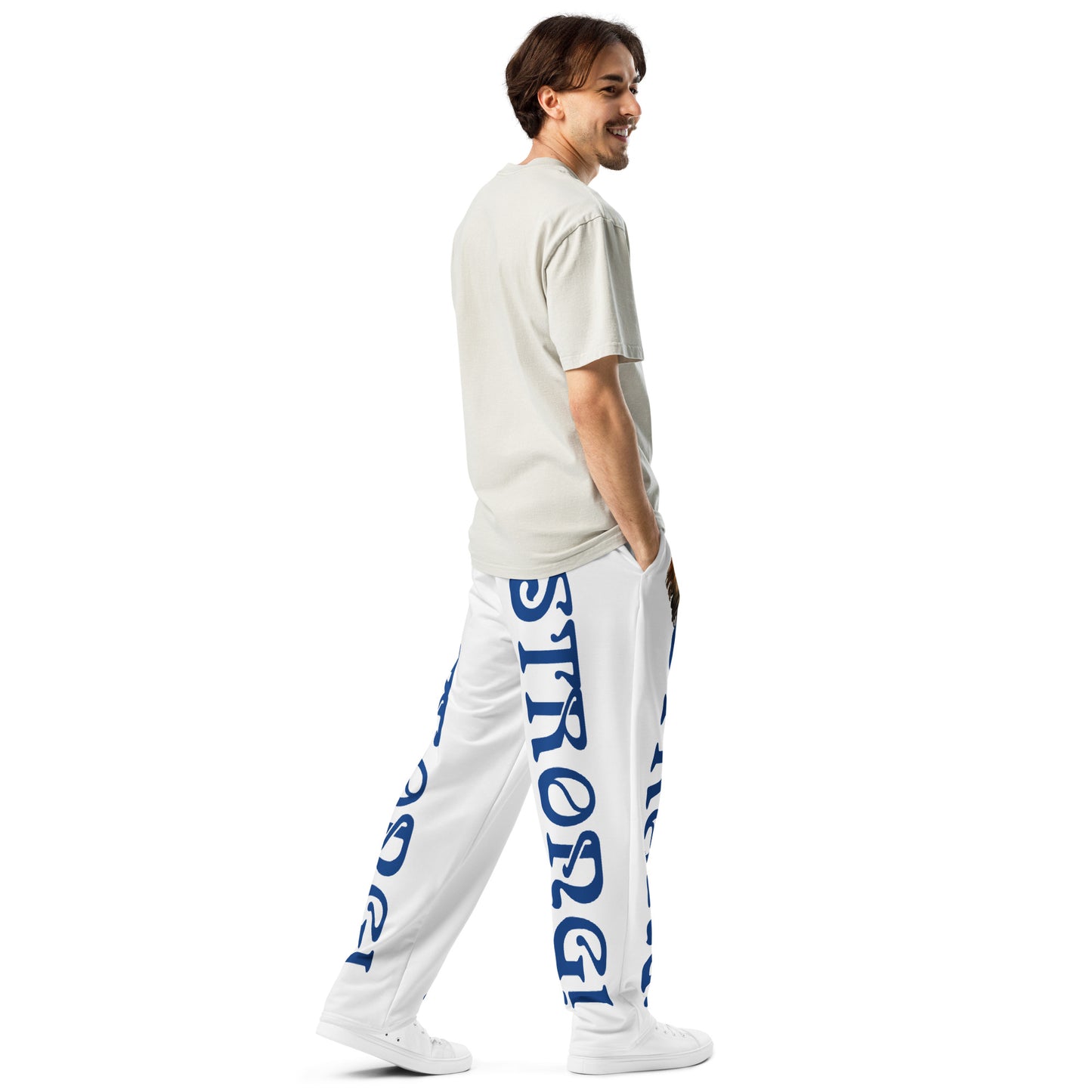 “STRONG!” White Wide-Leg Joggers W/Navy Font