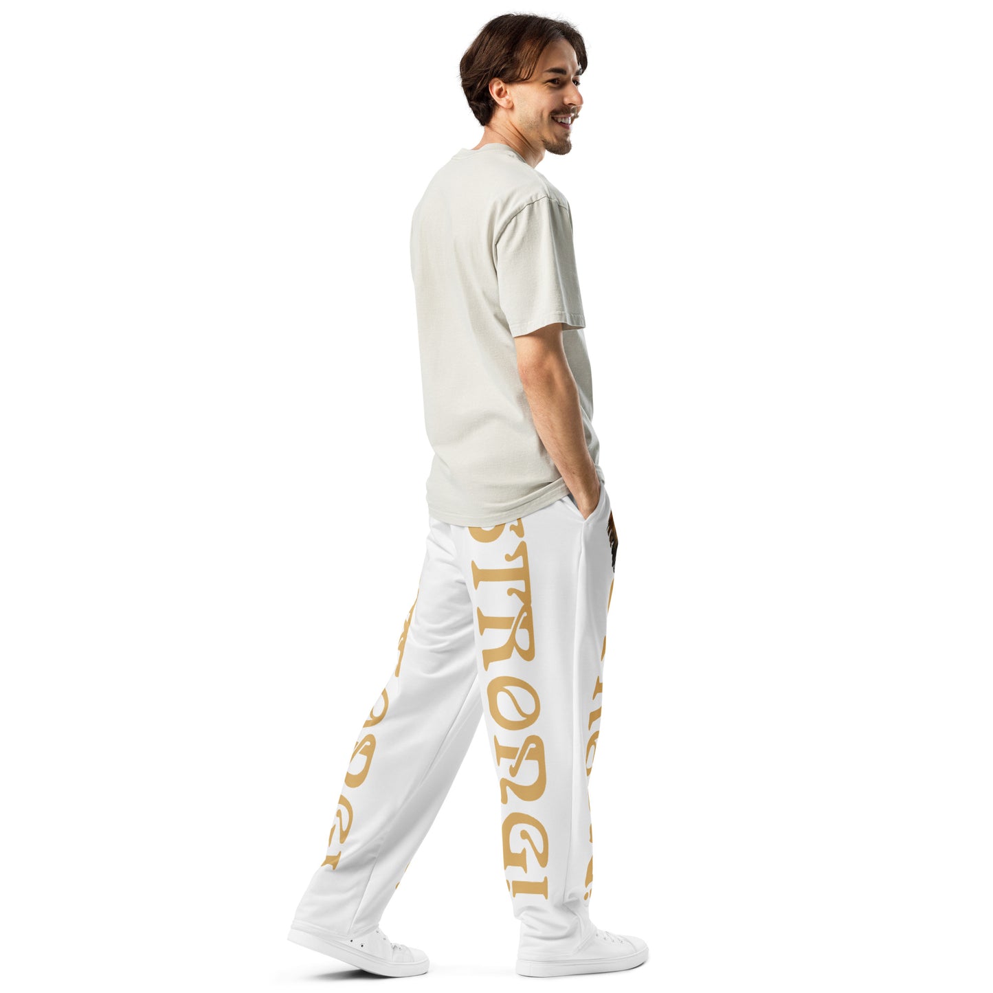 “STRONG!” White Wide-Leg Joggers W/Fawn Font