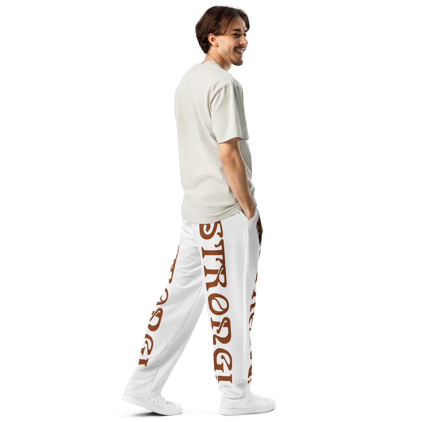 “STRONG!” White Wide-Leg Joggers W/Brown Font