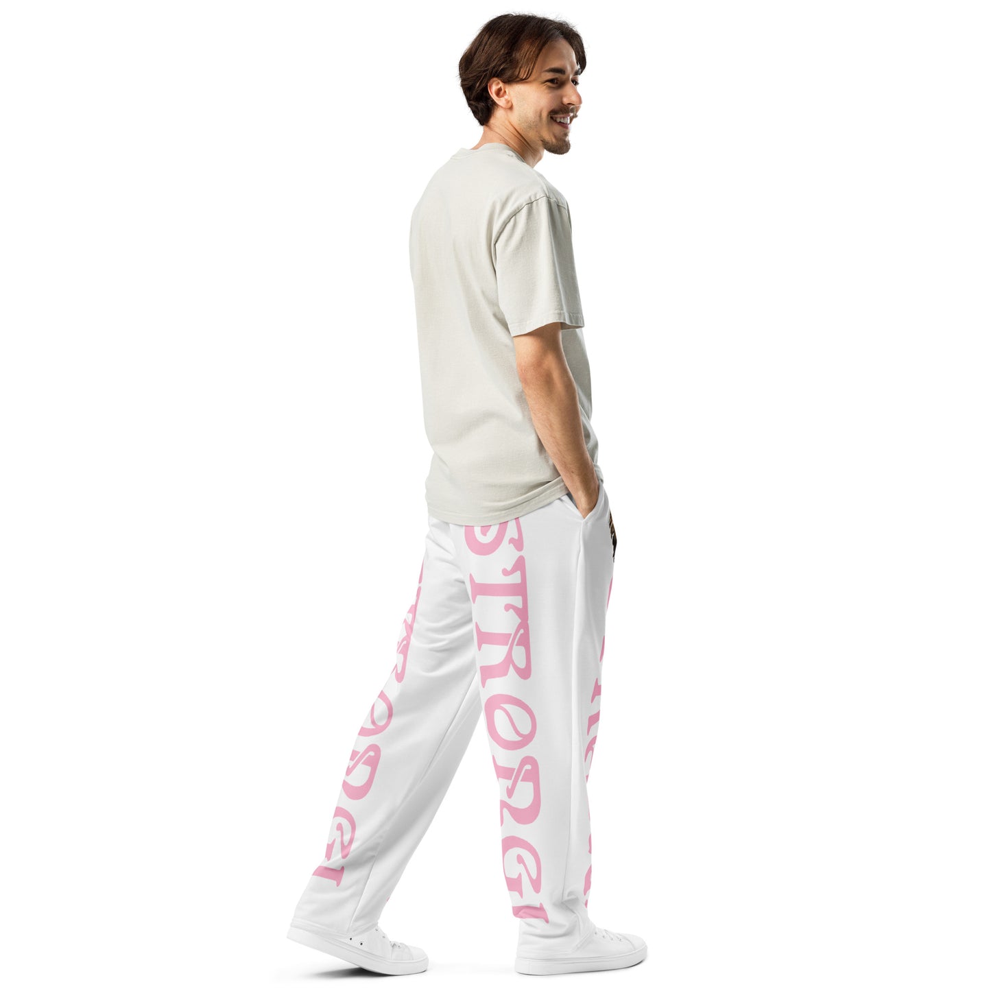 “STRONG!” White Wide-Leg Joggers W/Cotton Candy Font