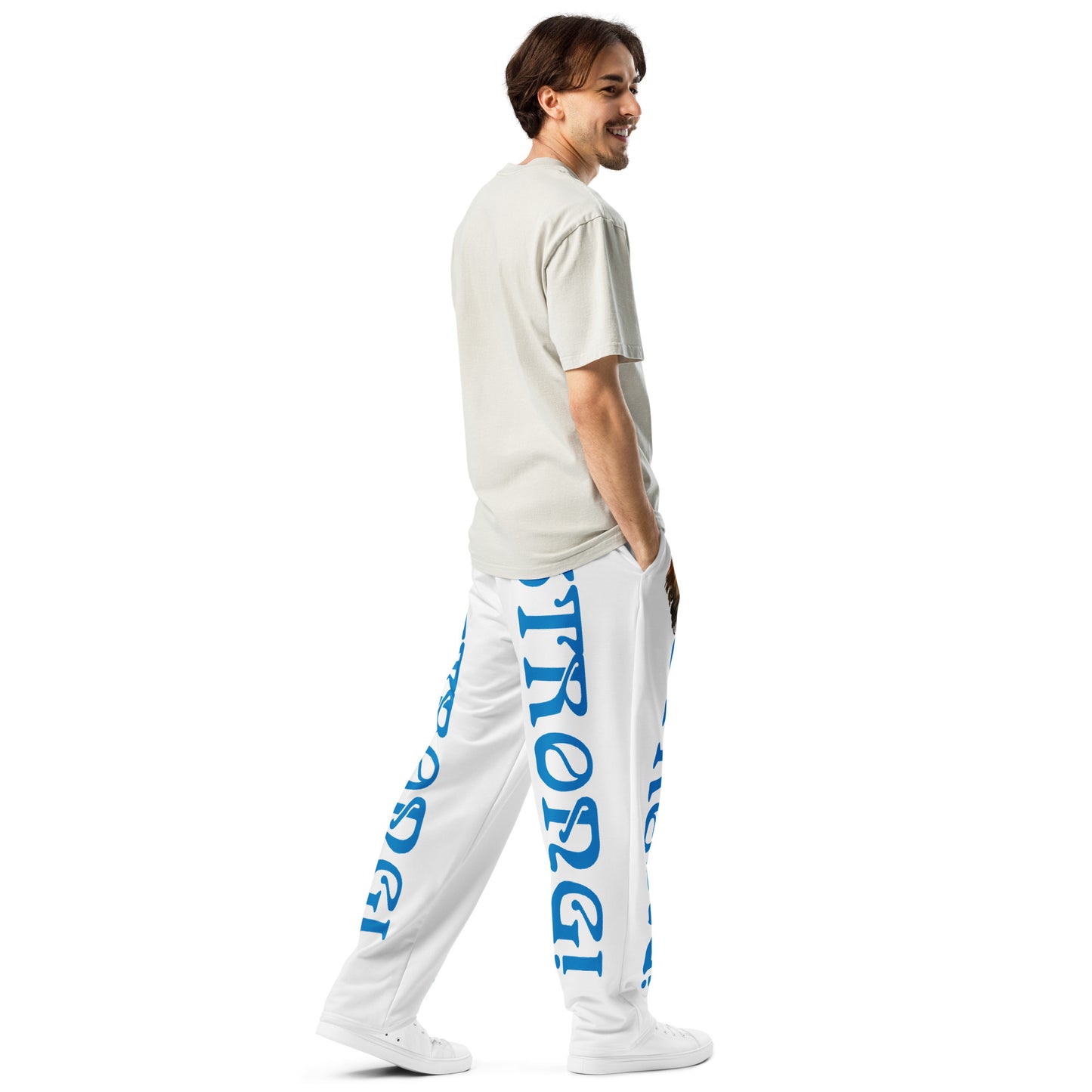 “STRONG!” White Wide-Leg Joggers W/Blue Font