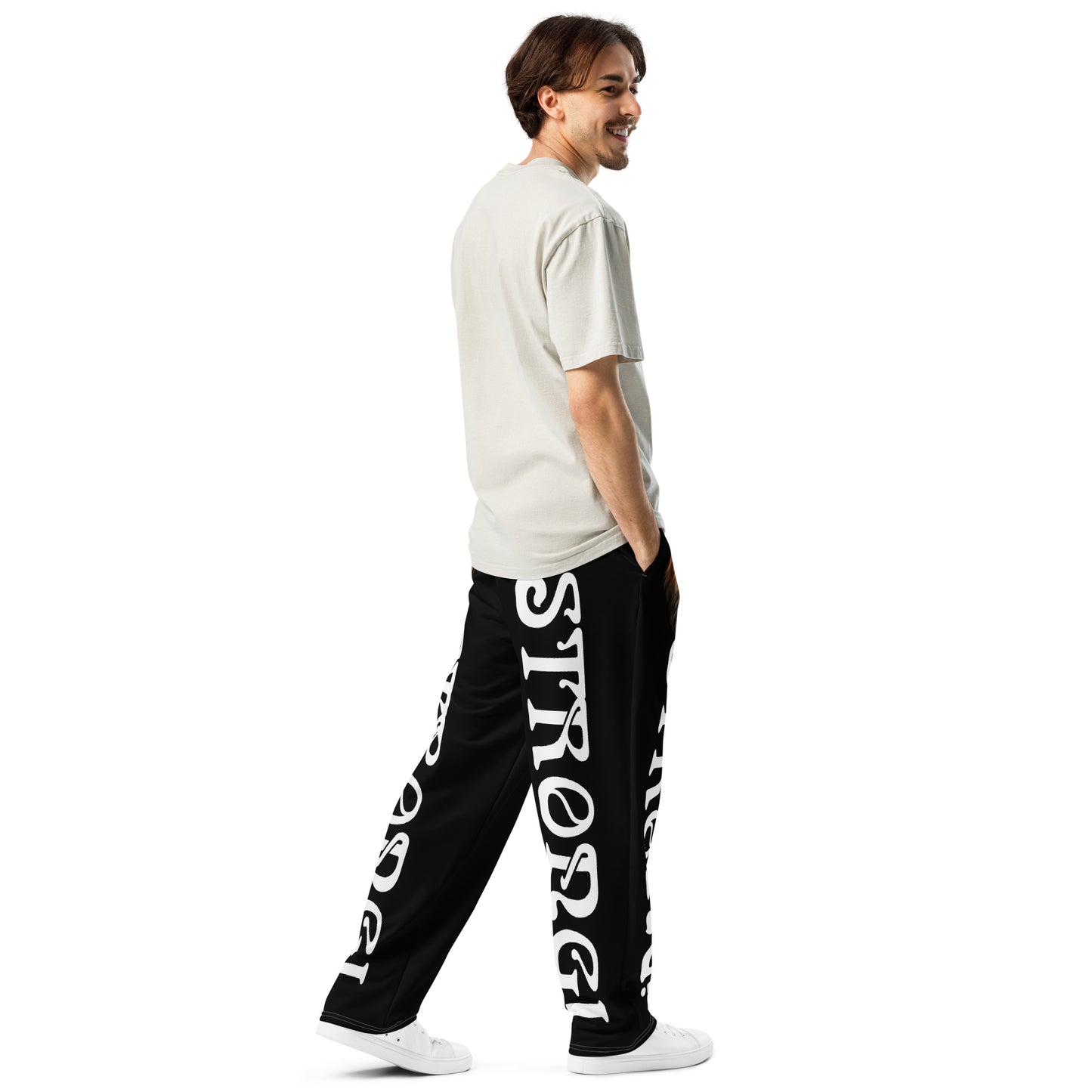 “STRONG!” Black Wide-Leg Joggers W/White Font