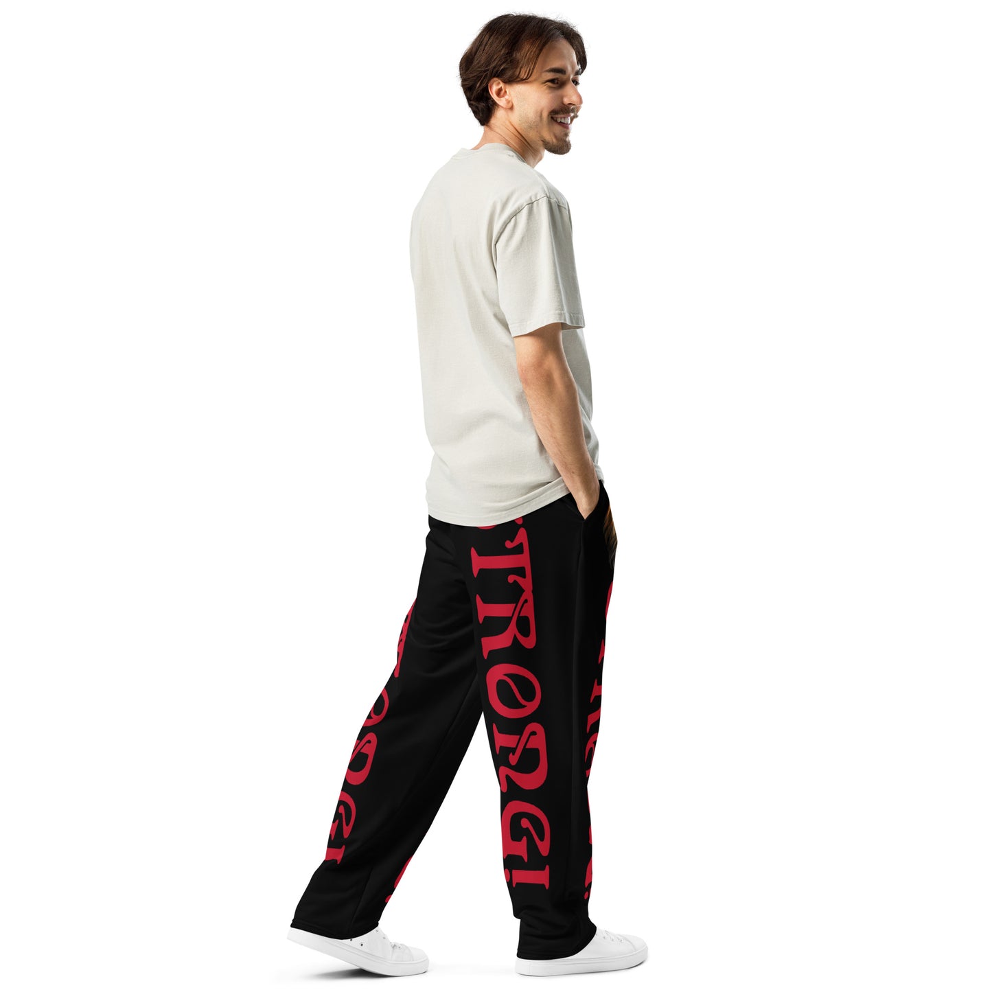 “STRONG!” Black Wide-Leg Joggers W/Red Font