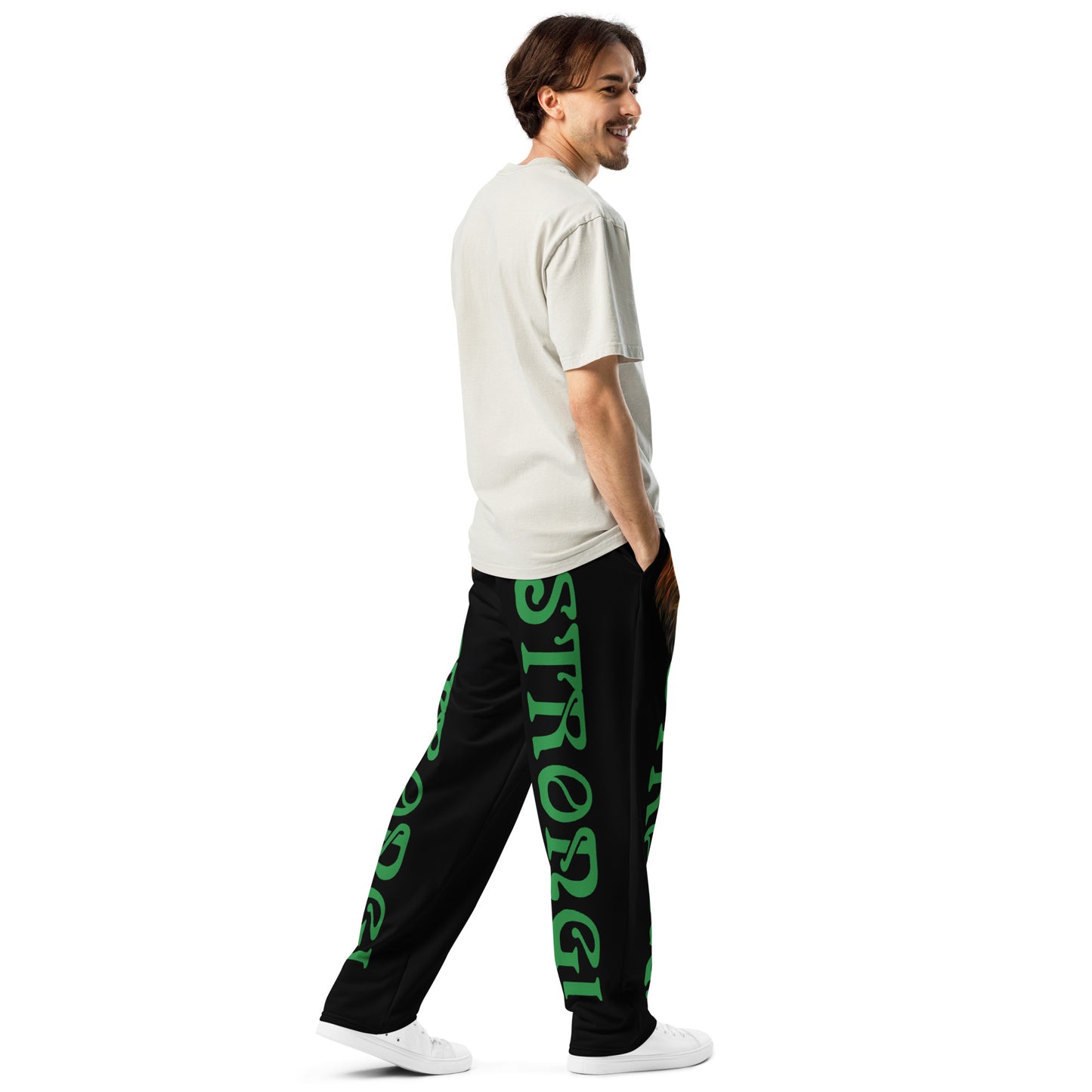 “STRONG!” Black Wide-Leg Joggers W/Green Font