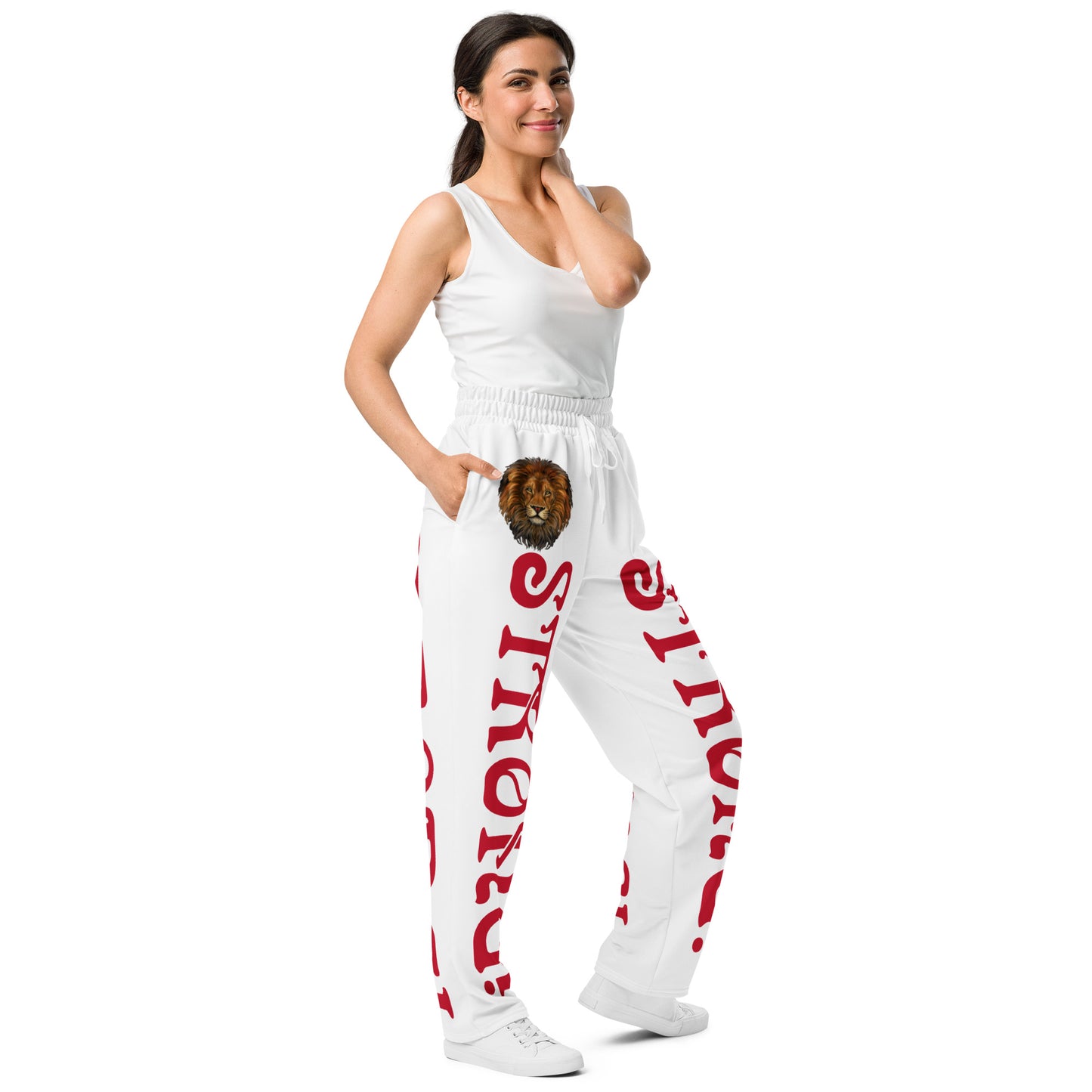 “STRONG!” White Wide-Leg Joggers W/Red Font