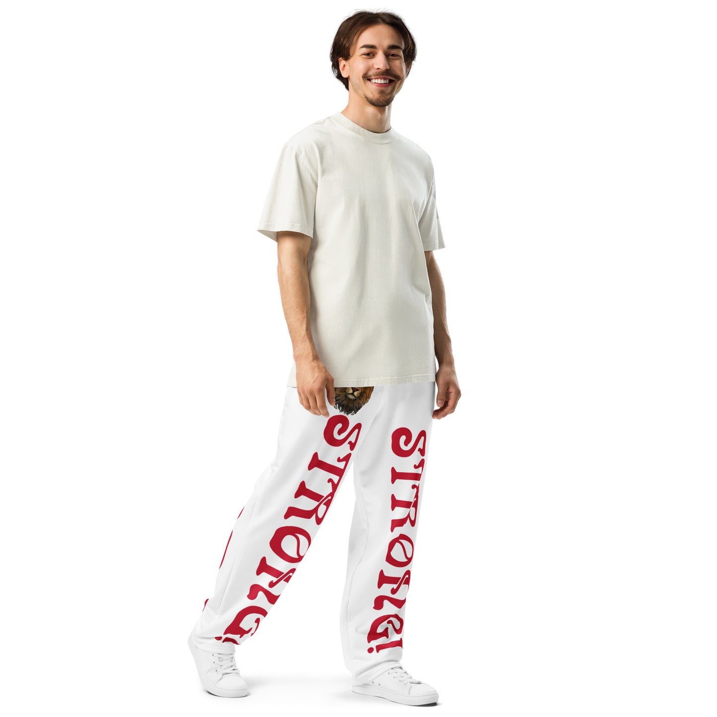 “STRONG!” White Wide-Leg Joggers W/Red Font