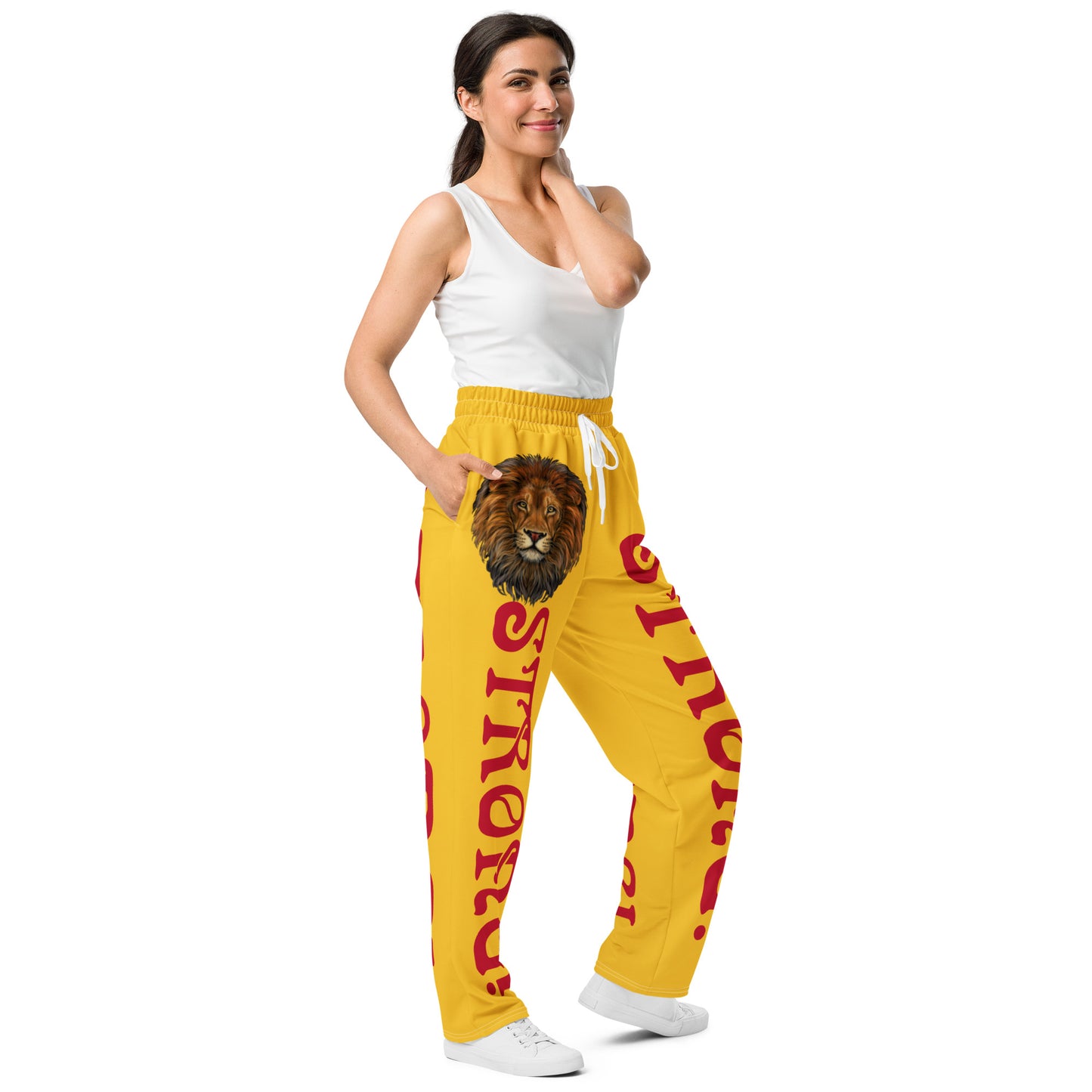 “STRONG!”Yellow Wide-Leg Joggers W/Red Font