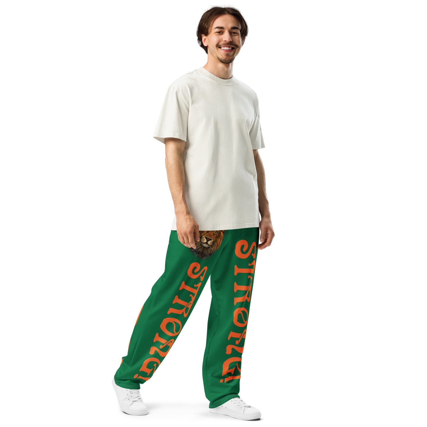 “STRONG!”Green Wide-Leg Joggers W/Orange Font