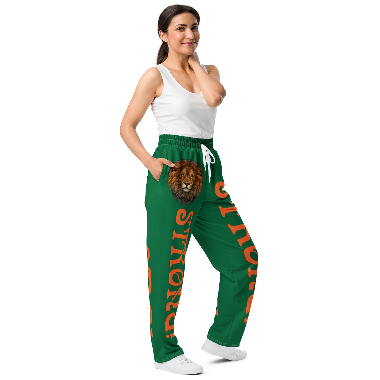“STRONG!”Green Wide-Leg Joggers W/Orange Font
