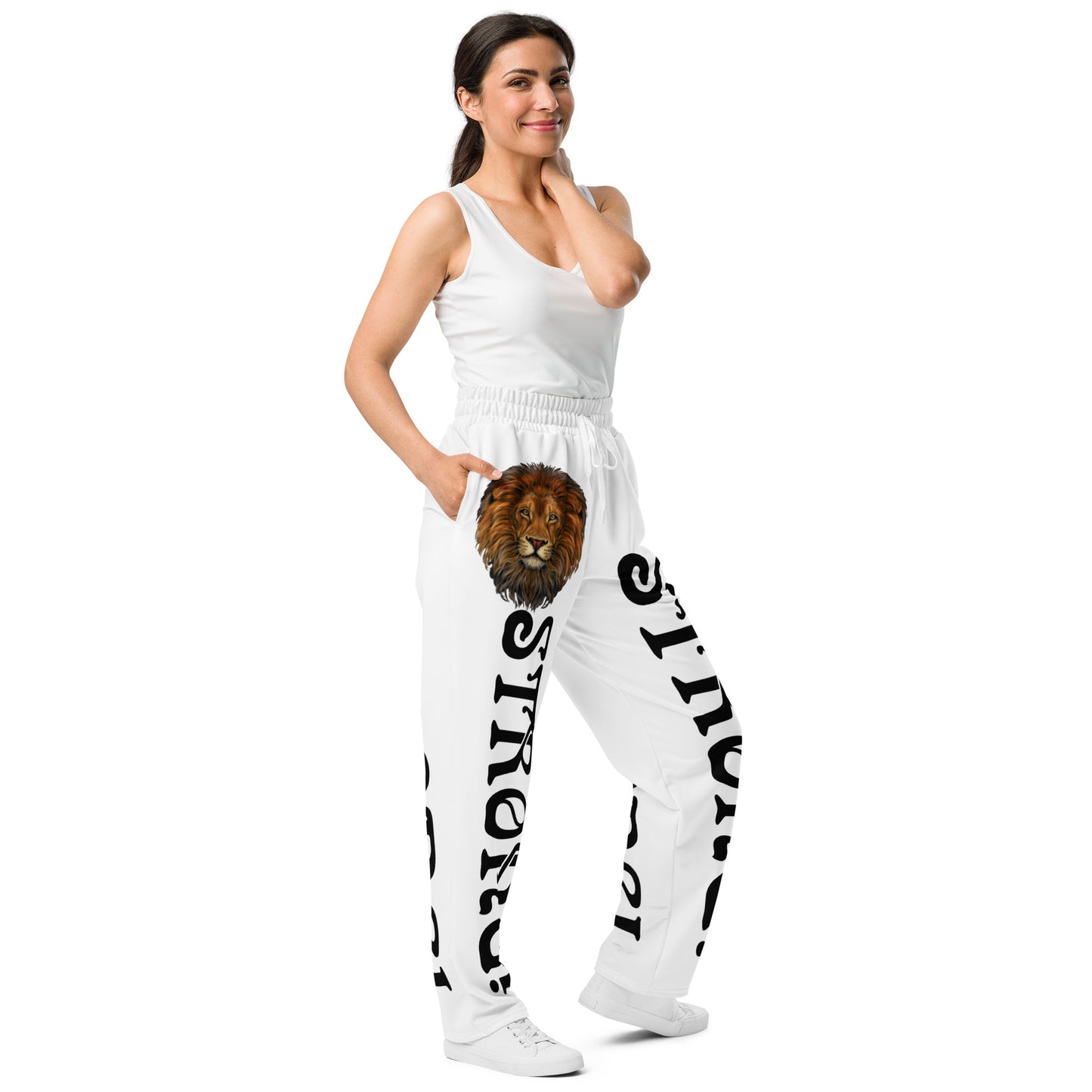 “STRONG!” White Wide-Leg Joggers W/Black Font