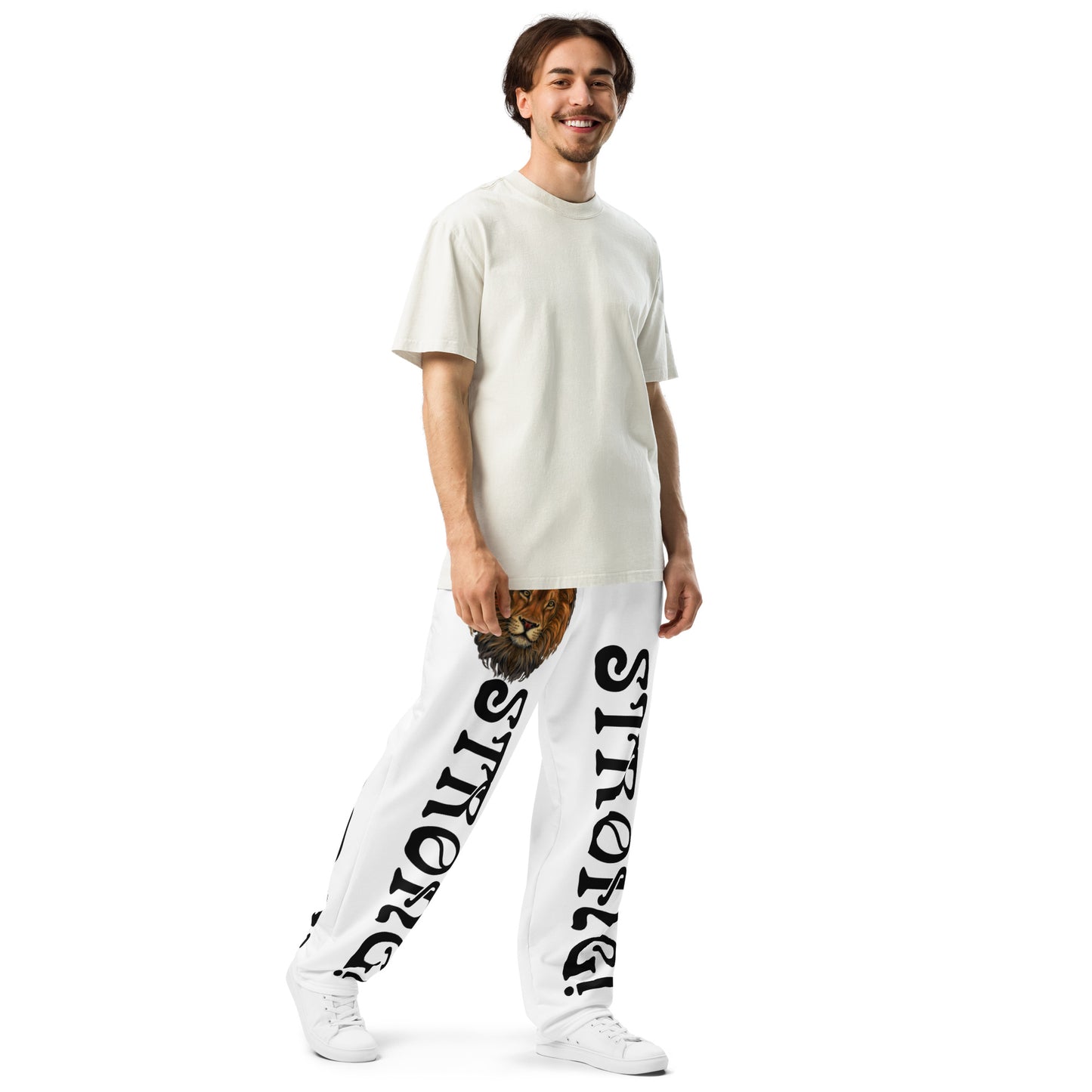 “STRONG!” White Wide-Leg Joggers W/Black Font