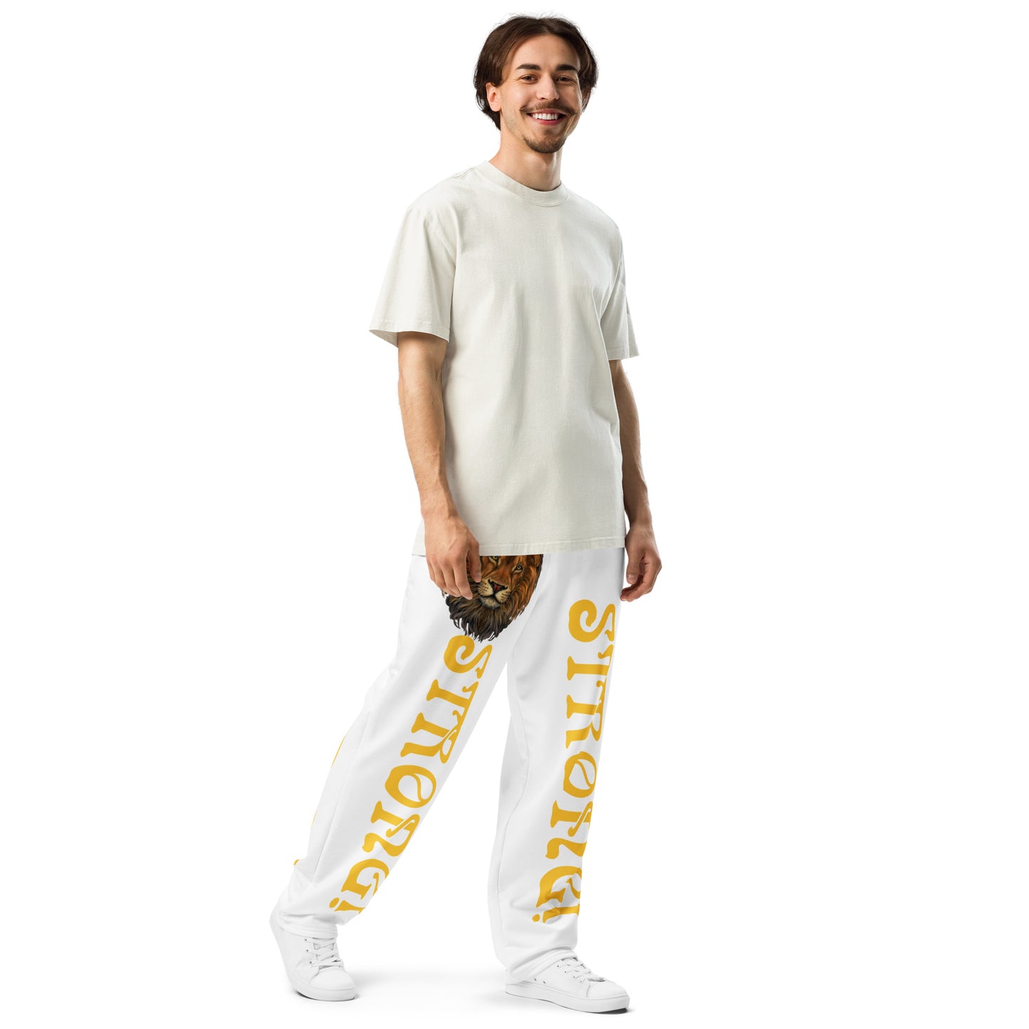 “STRONG!” White Wide-Leg Joggers W/Yellow Font