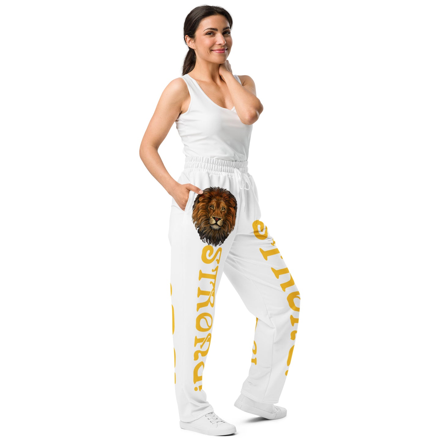 “STRONG!” White Wide-Leg Joggers W/Yellow Font