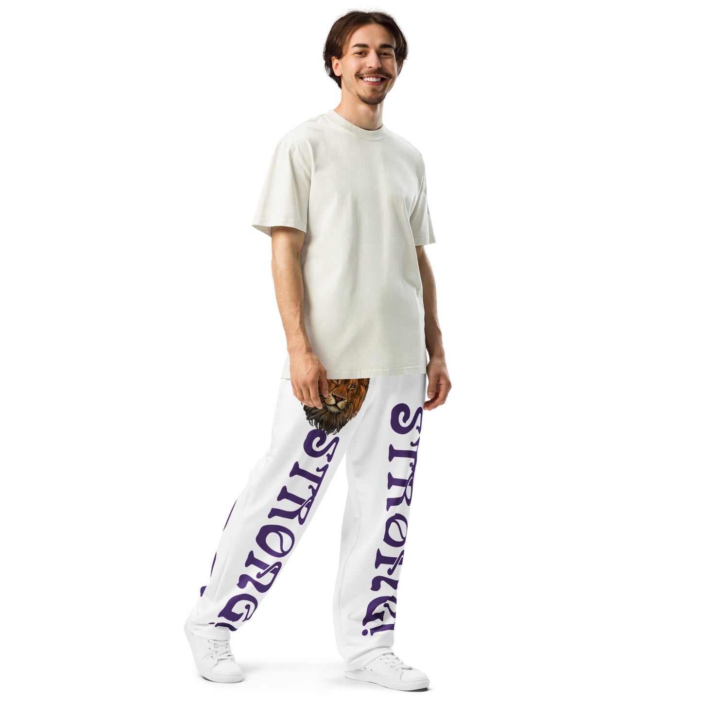 “STRONG!” White Wide-Leg Joggers W/Purple Font