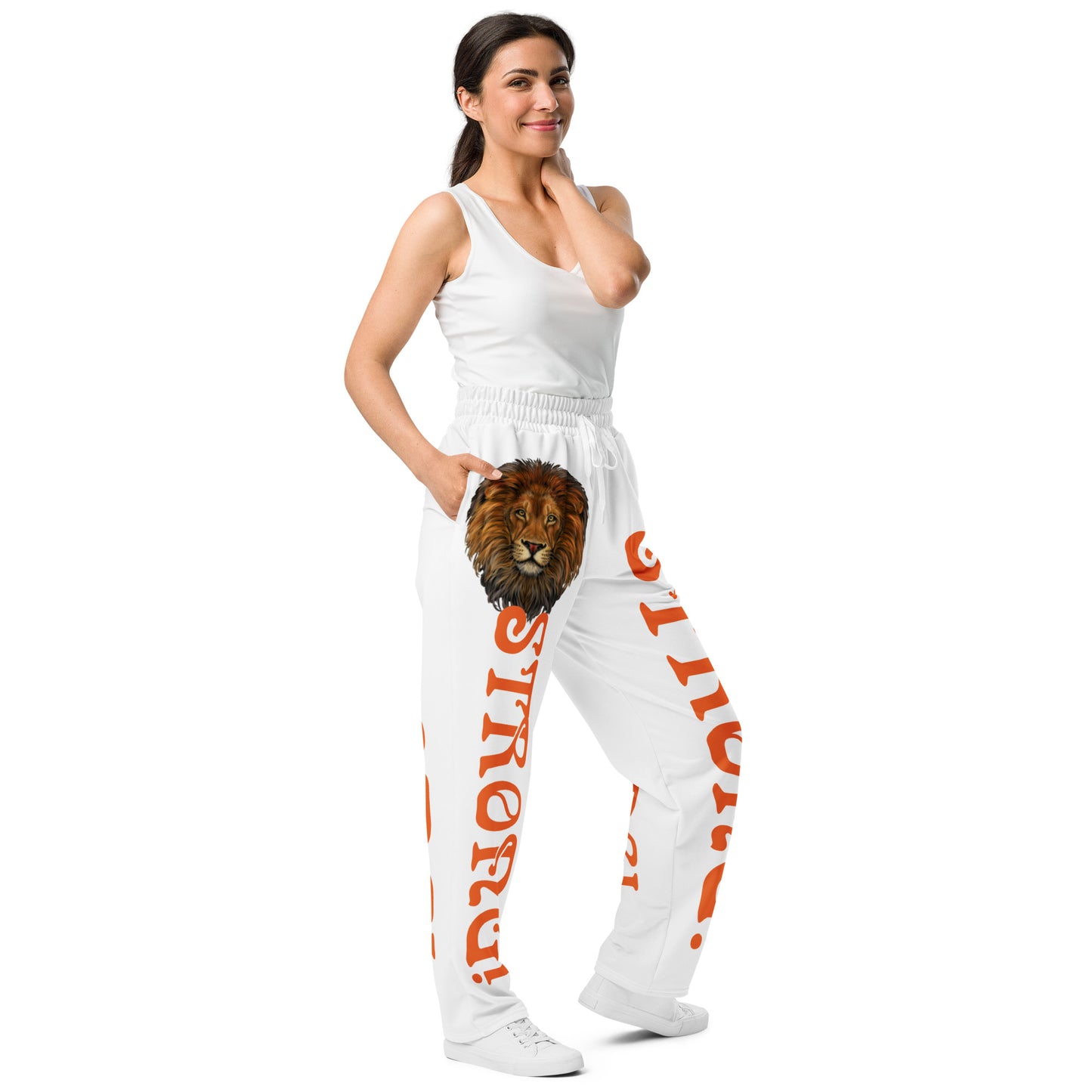 “STRONG!” White Wide-Leg Joggers W/Orange Font