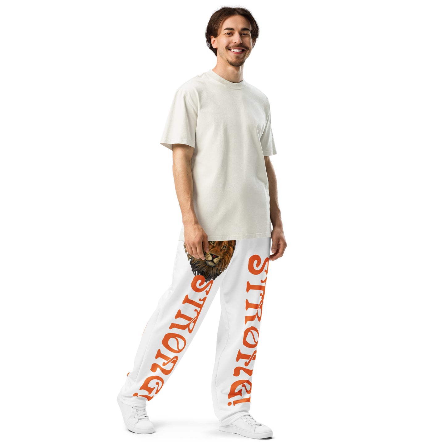 “STRONG!” White Wide-Leg Joggers W/Orange Font