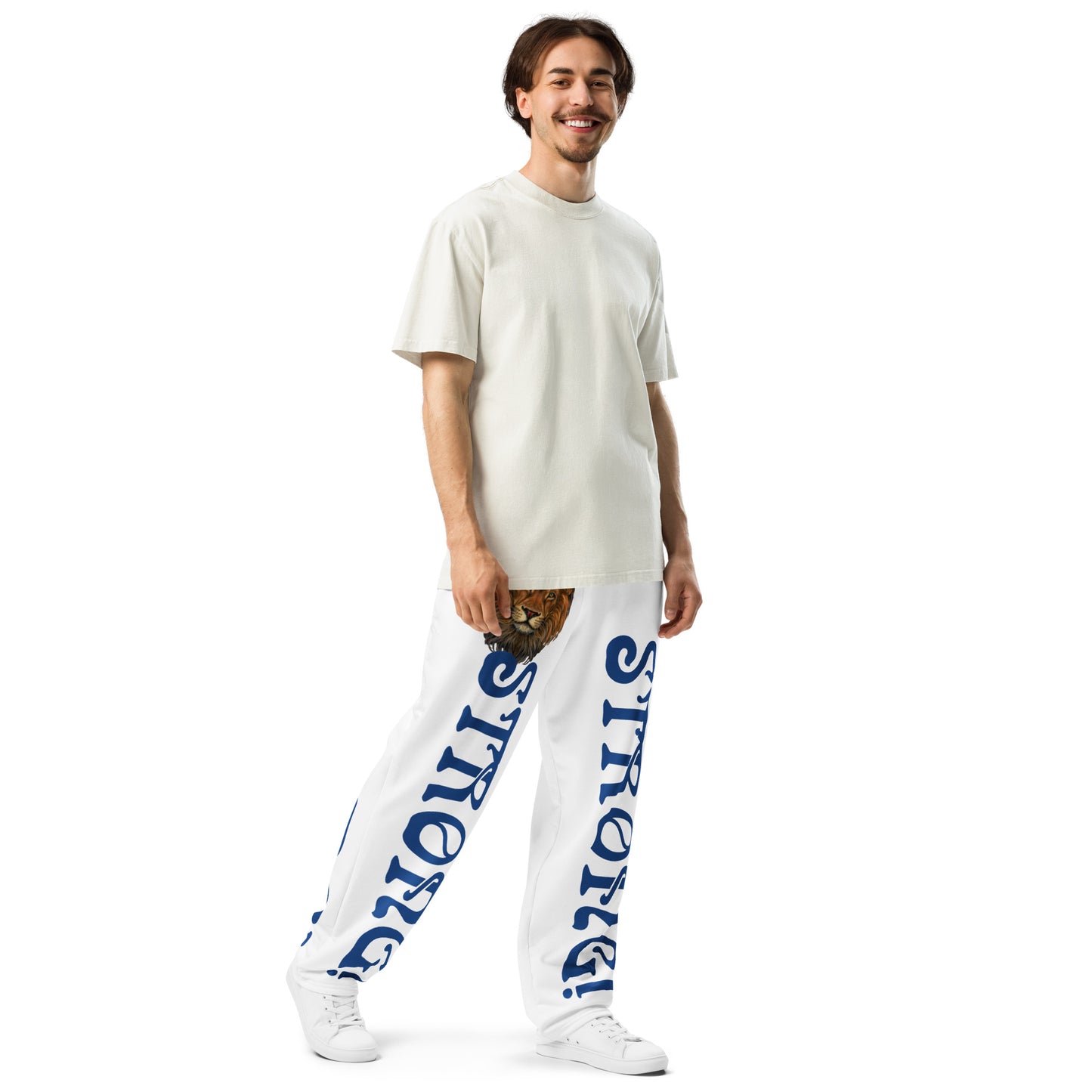 “STRONG!” White Wide-Leg Joggers W/Navy Font