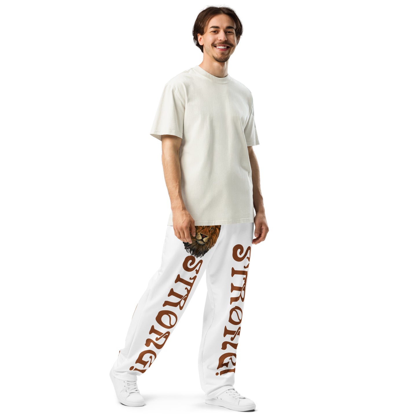 “STRONG!” White Wide-Leg Joggers W/Brown Font