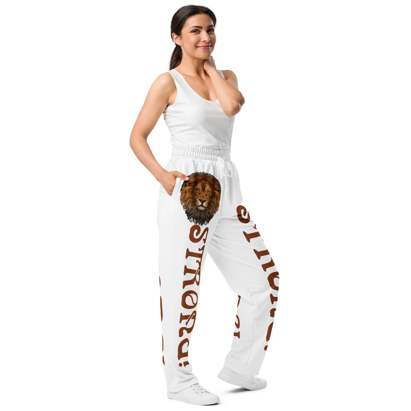 “STRONG!” White Wide-Leg Joggers W/Brown Font