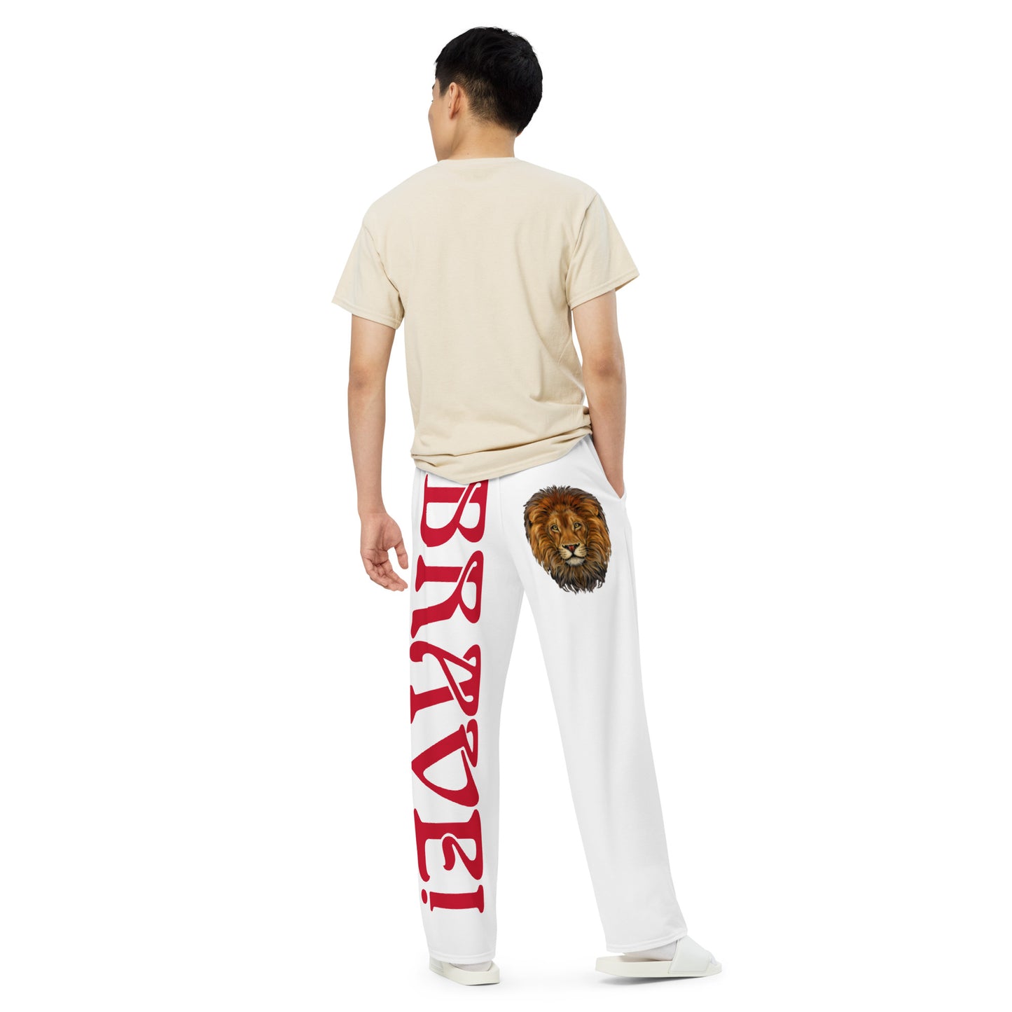 “BRAVE!”White Unisex Wide-Leg Pants W/Red Font
