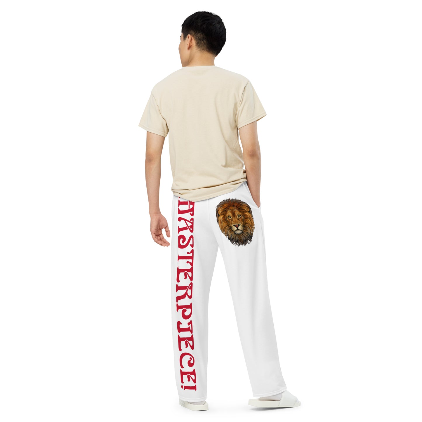 “MASTERPIECE!”White Unisex Wide-Leg Pants W/Red Font