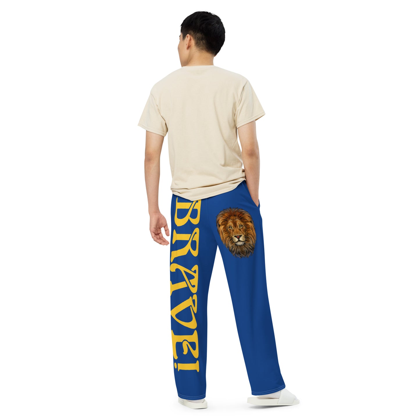 “BRAVE!”Blue Unisex Wide-Leg Pants W/Yellow Font