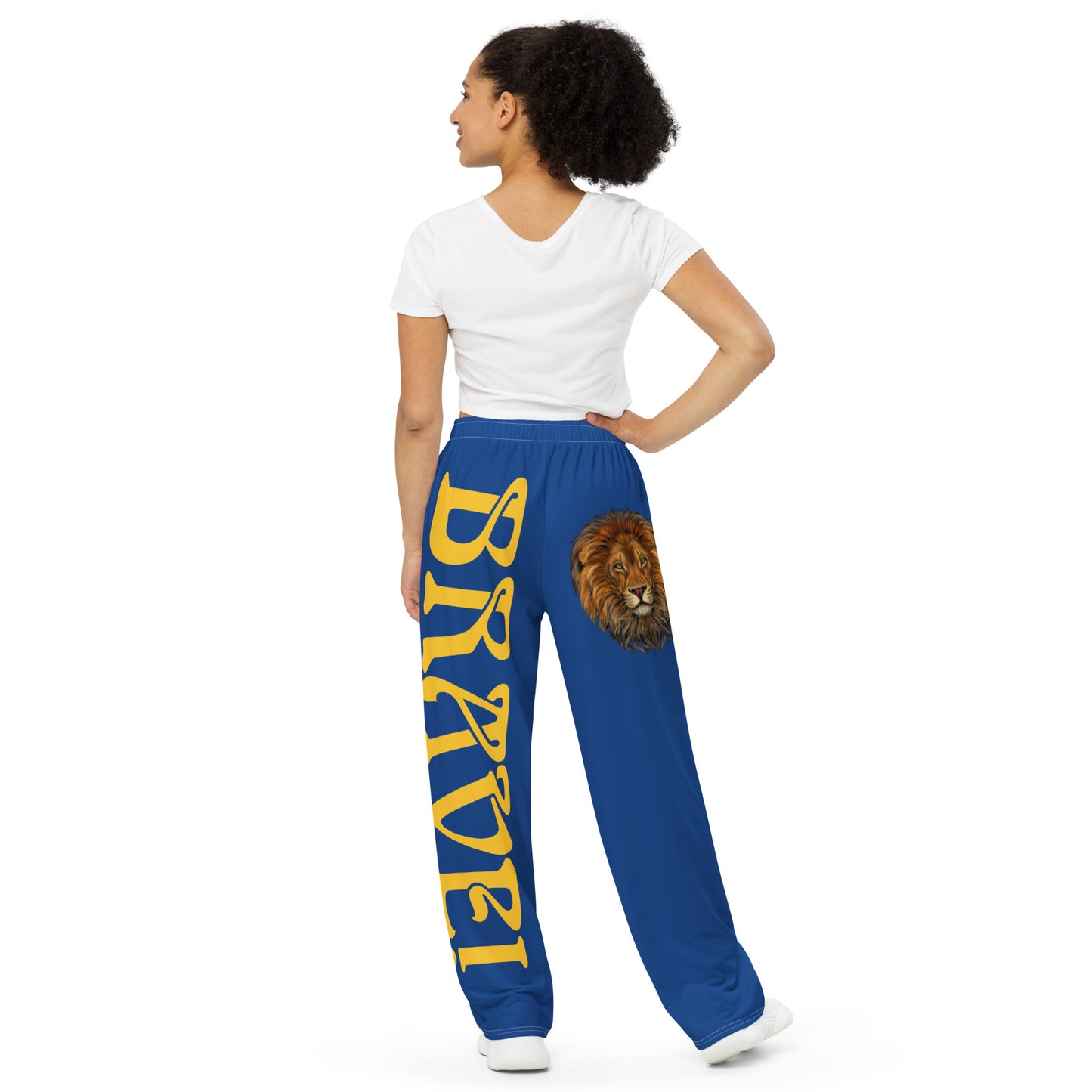 “BRAVE!”Blue Unisex Wide-Leg Pants W/Yellow Font