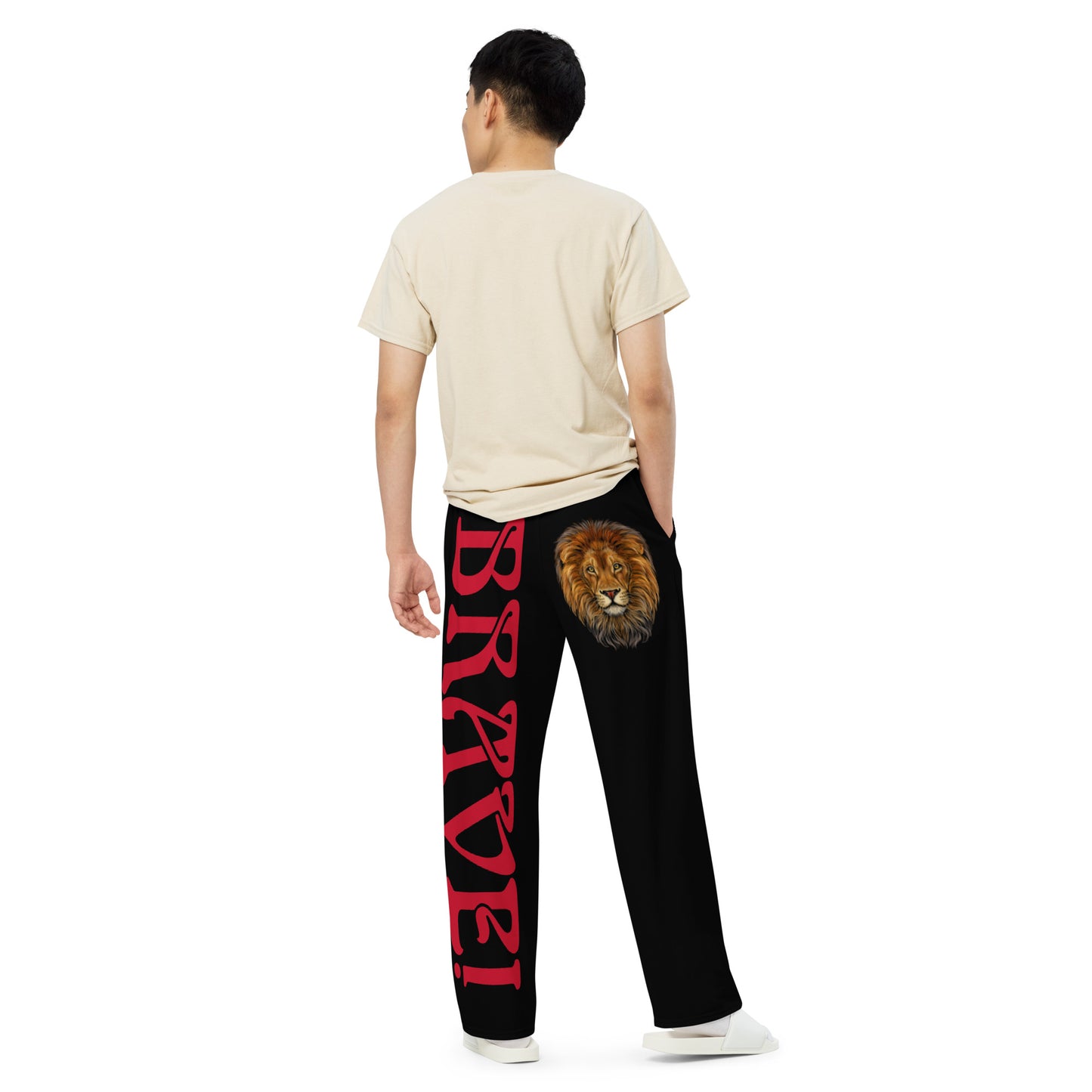 “BRAVE!”Black Unisex Wide-Leg Pants W/Red Font