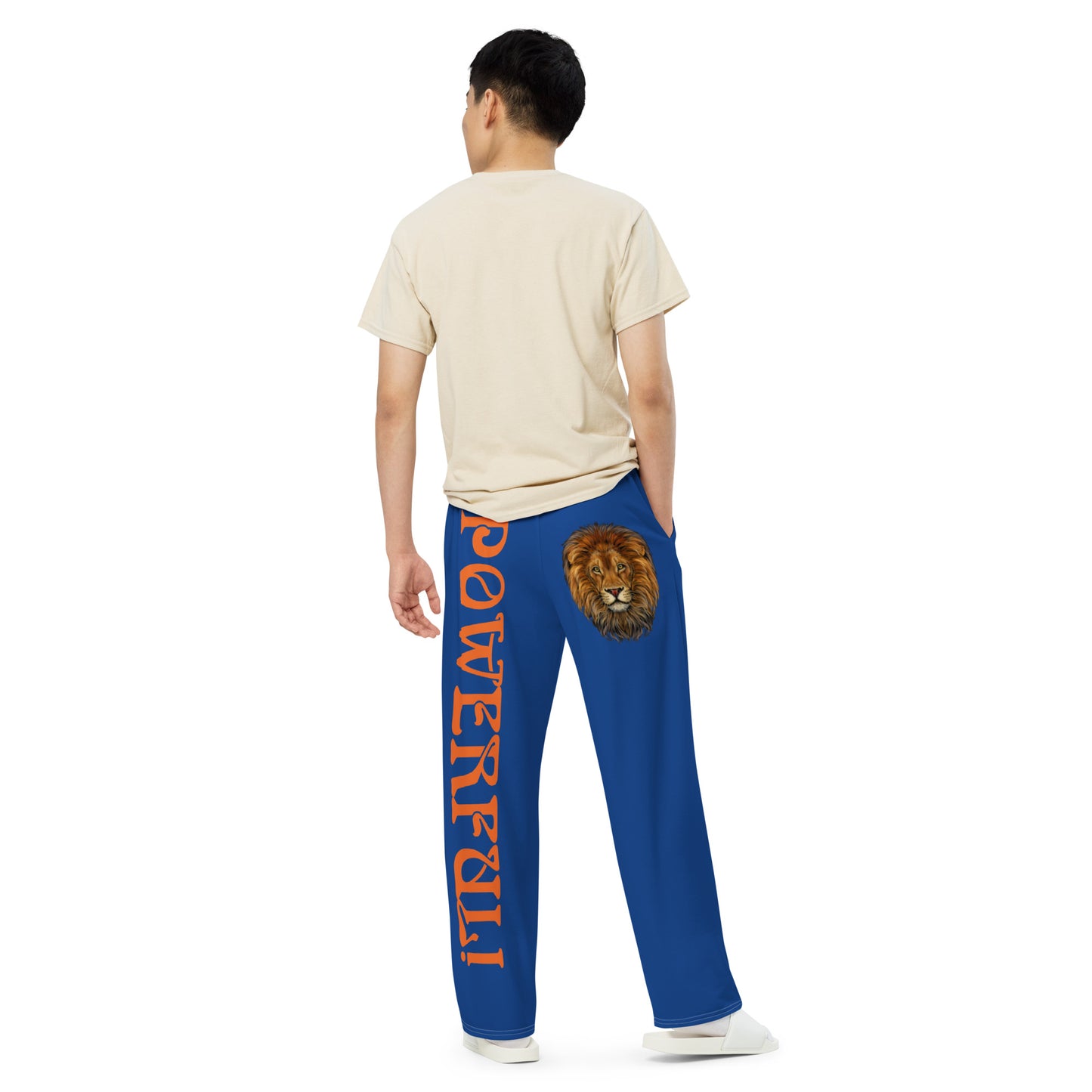 “POWERFUL!”Blue Unisex Wide-Leg Pants W/Orange Font