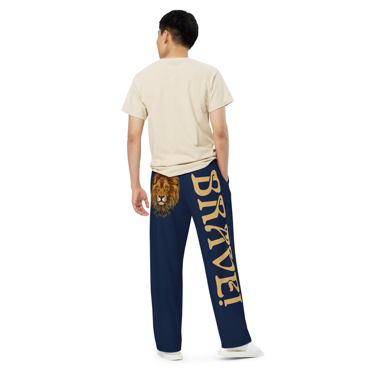“BRAVE!”Navy Unisex Wide-Leg Pants W/Fawn Font