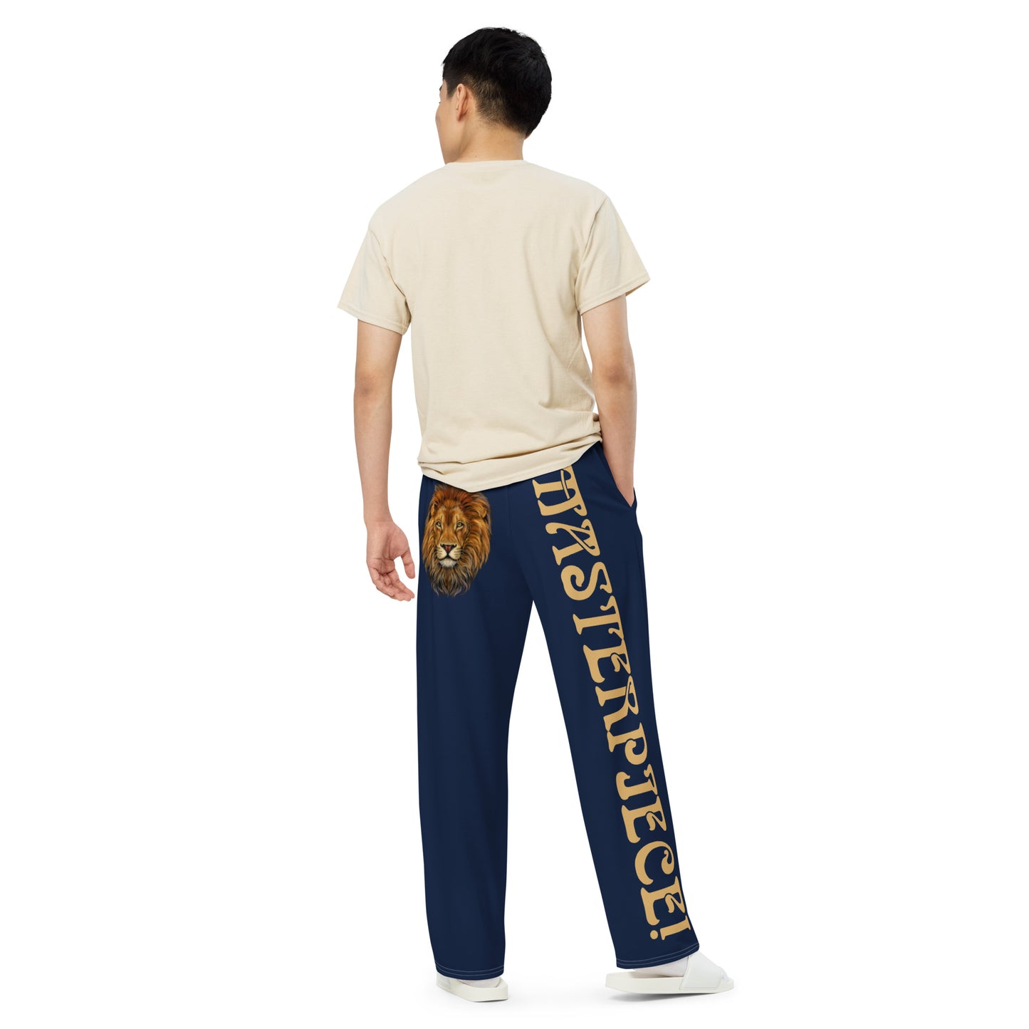 “MASTERPIECE!”Navy Unisex Wide-Leg Pants W/Fawn Font
